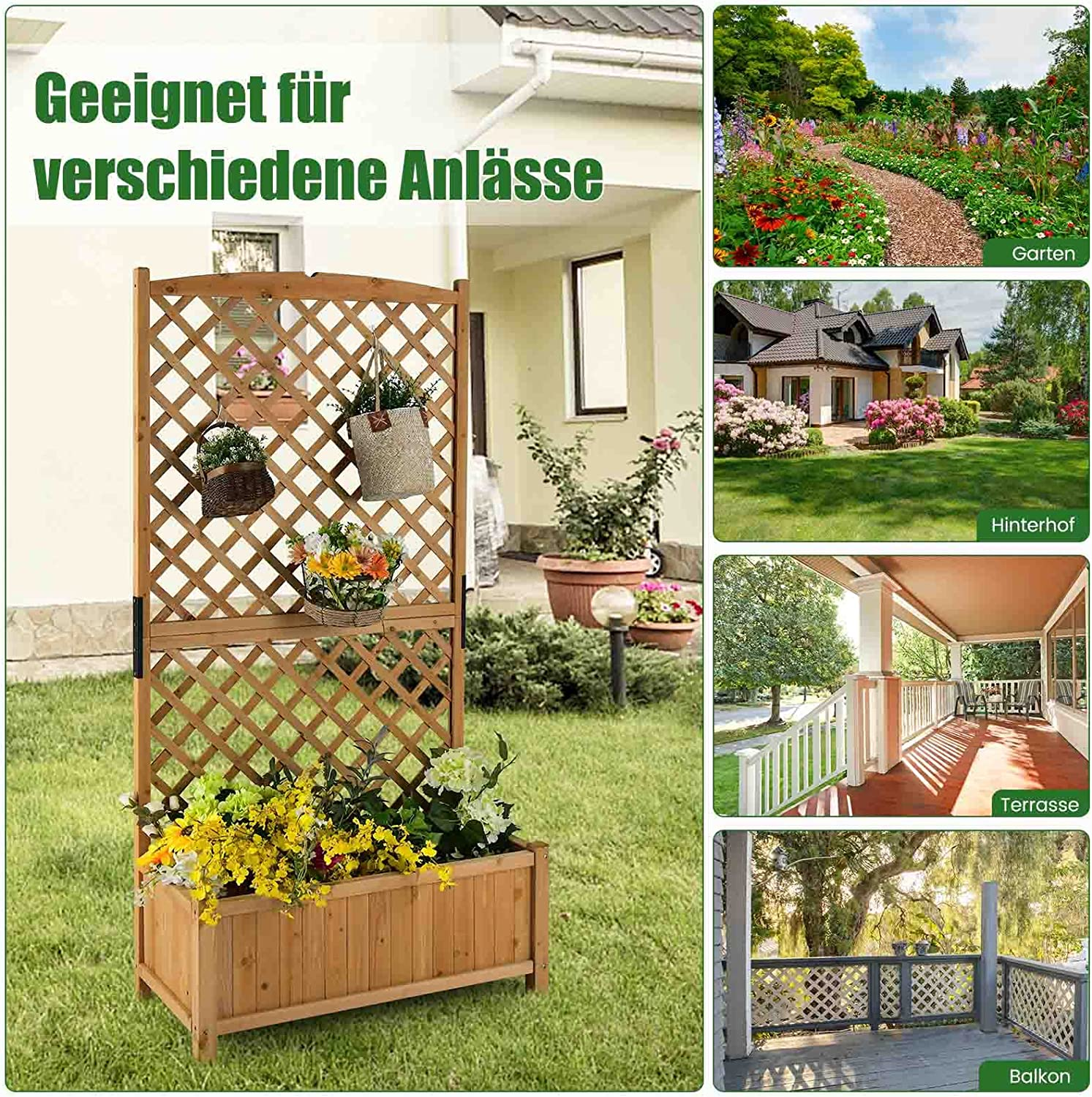 Ein hölzernes Gartenspalier mit Blumen und Pflanzen. Zusätzliche Pflanzen werden in verschiedenen Umgebungen gezeigt.