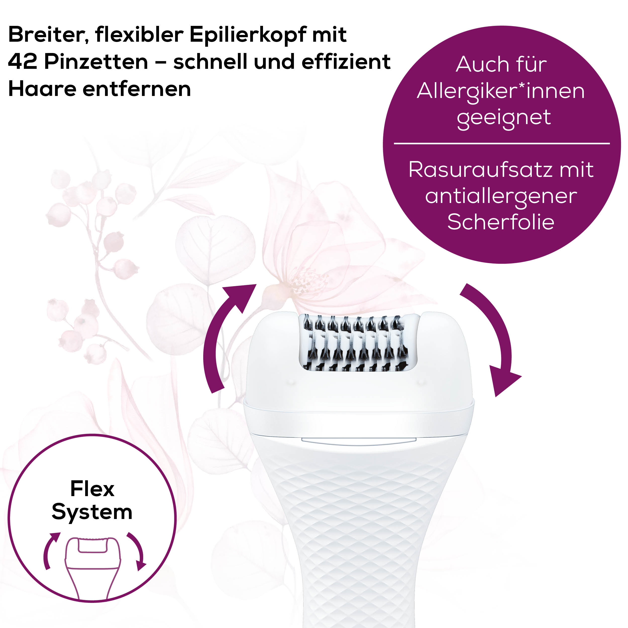 Een witte epilator met een roze bloemenachtergrond. Het heeft 42 pincetten en is geschikt voor allergieën.