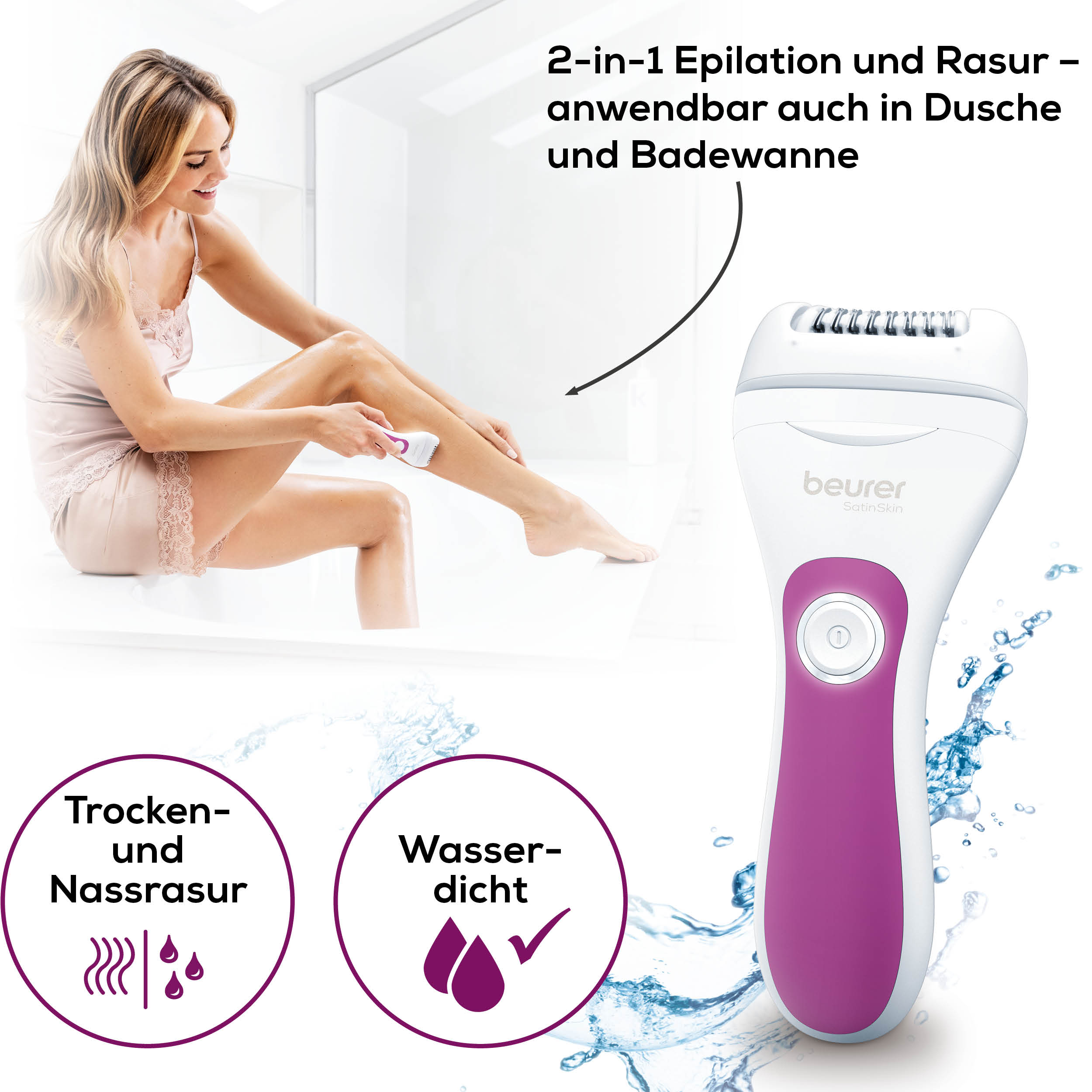 Een vrouw die een epilator gebruikt. Een witte en paarse epilator wordt getoond met tekst over nat en droog gebruik.