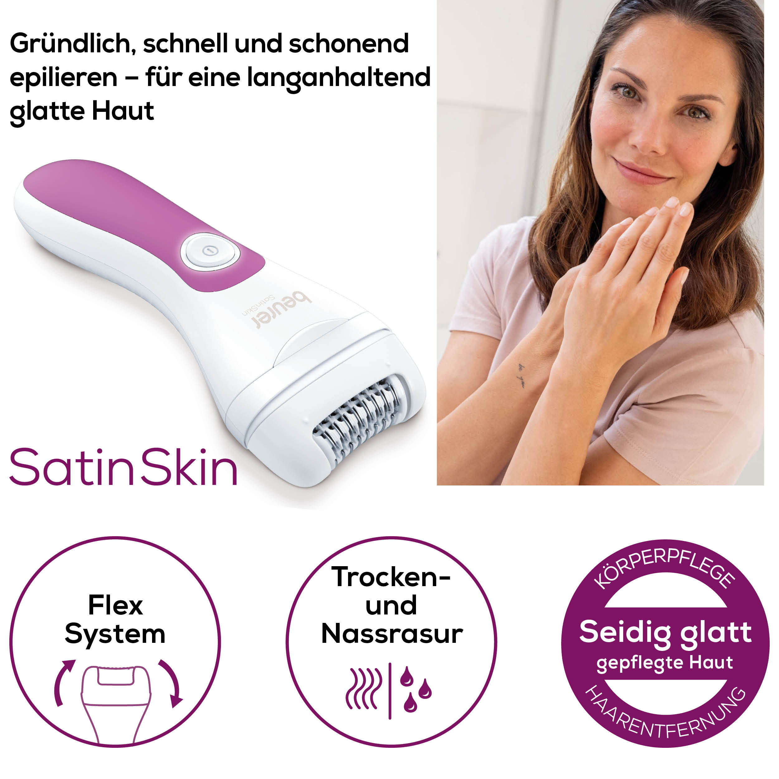 Vrouw met een epilator. Tekst en iconen over het product.