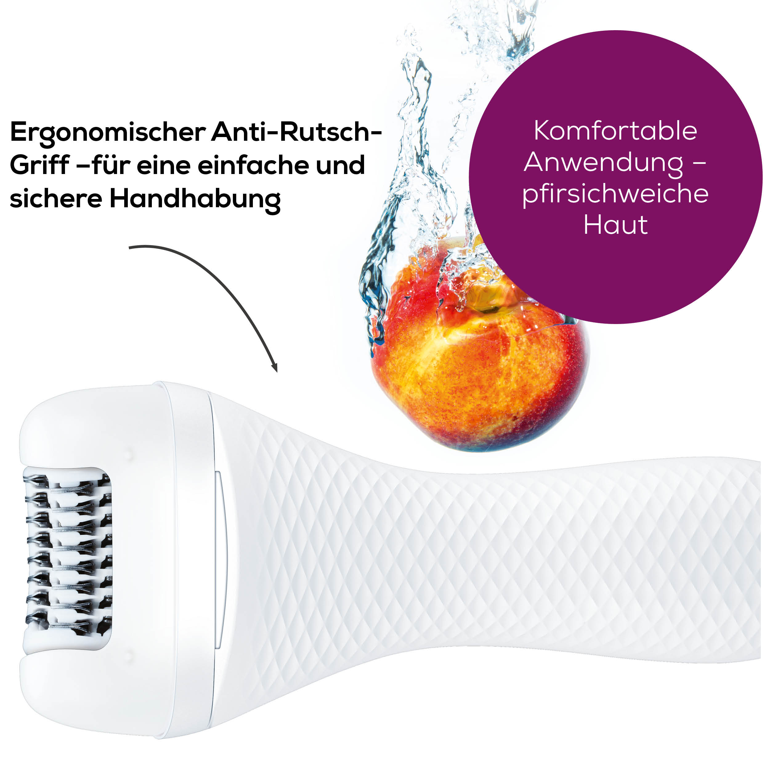 Witte epilator met witte handgreep en zwarte borstelharen. Perzik en waterspat.