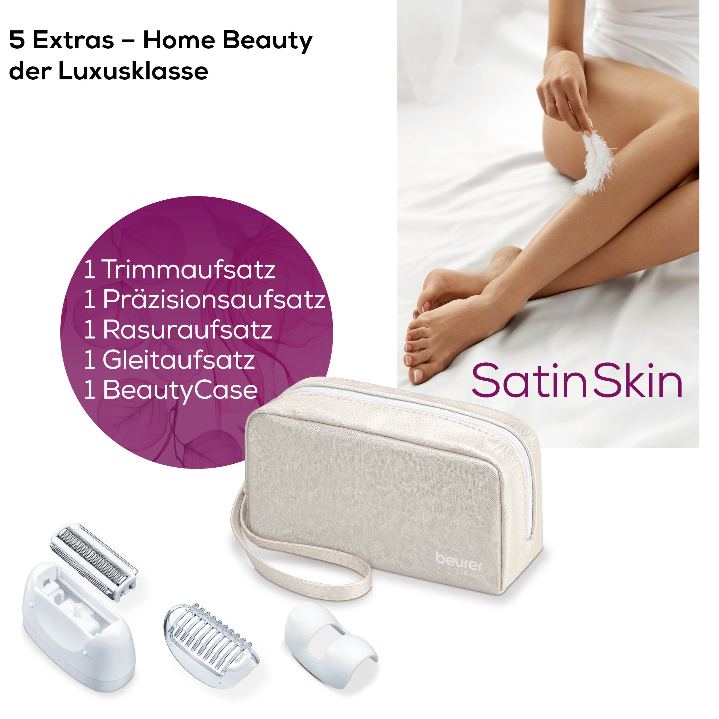 Benen van een vrouw, een veer, schoonheidsaccessoires en een cosmetische tas met tekst.