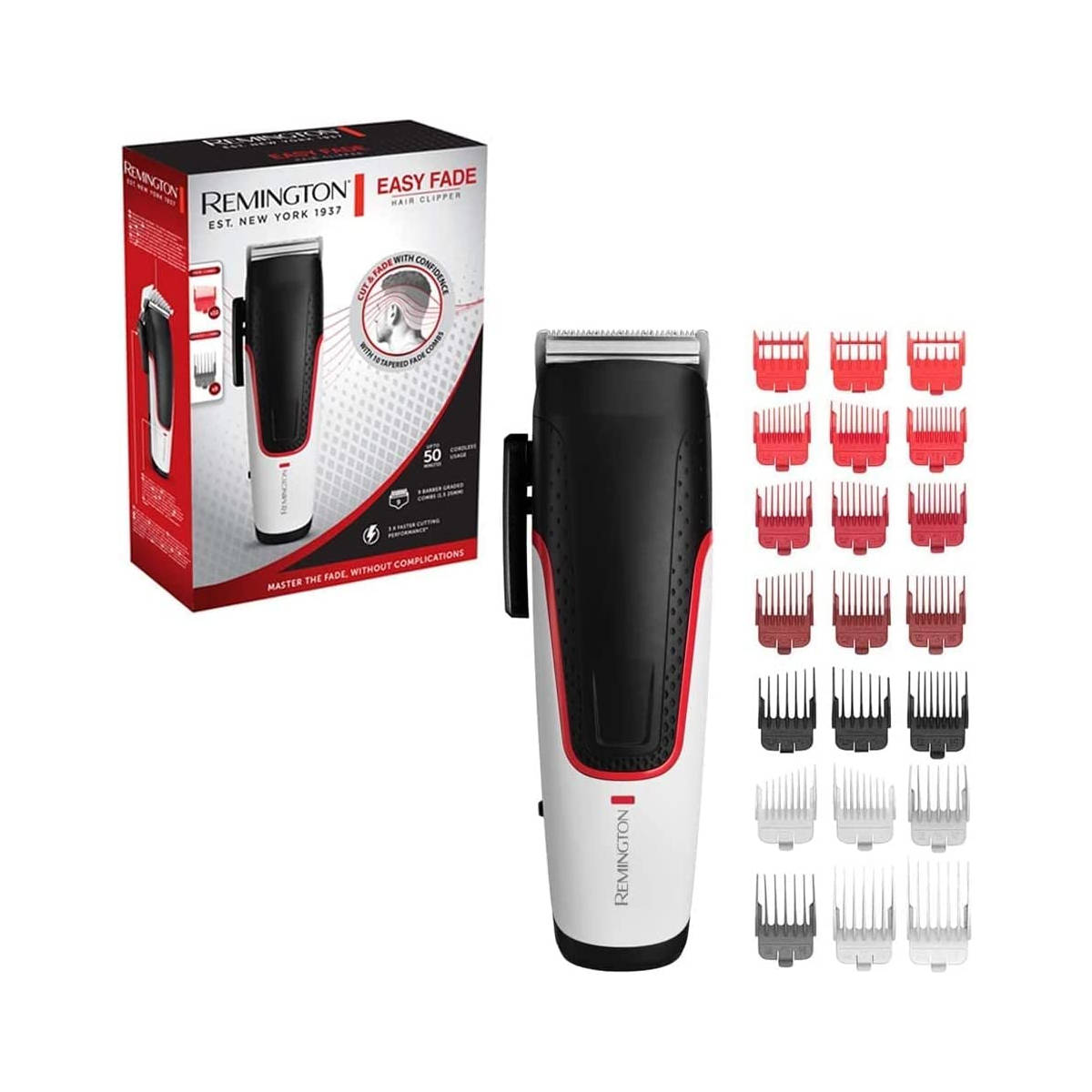 Remington Easy Fade Haarschneider mit Aufsätzen und Box auf weißem Hintergrund.