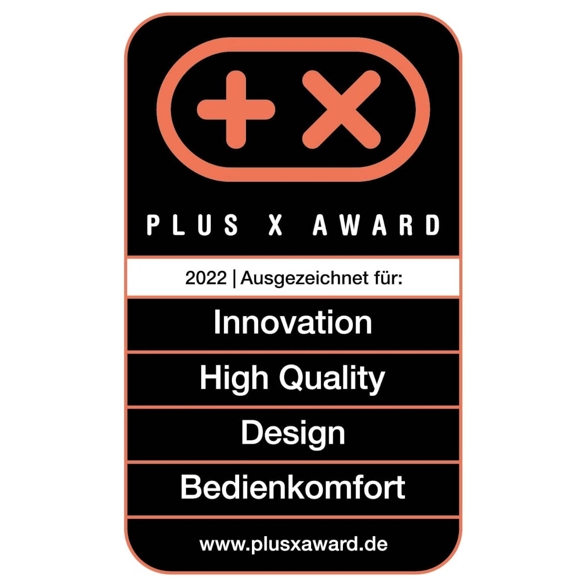 Schwarz-oranges Plus X Award. Zeigt Innovation, hohe Qualität, Design und Bedienkomfort.