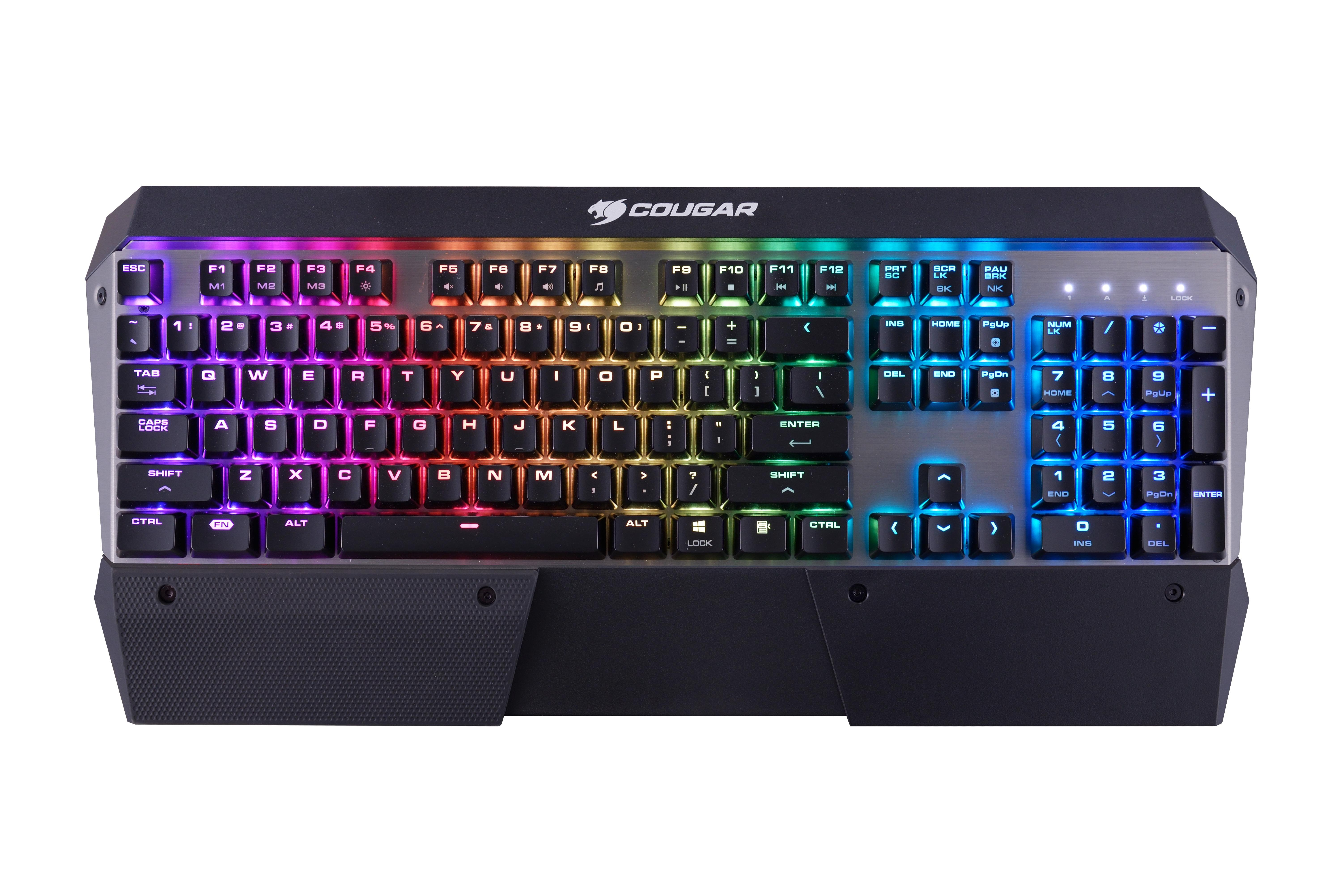 Eine Tastatur mit Hintergrundbeleuchtung, mehrfarbigen Tasten und dem Cougar-Logo.