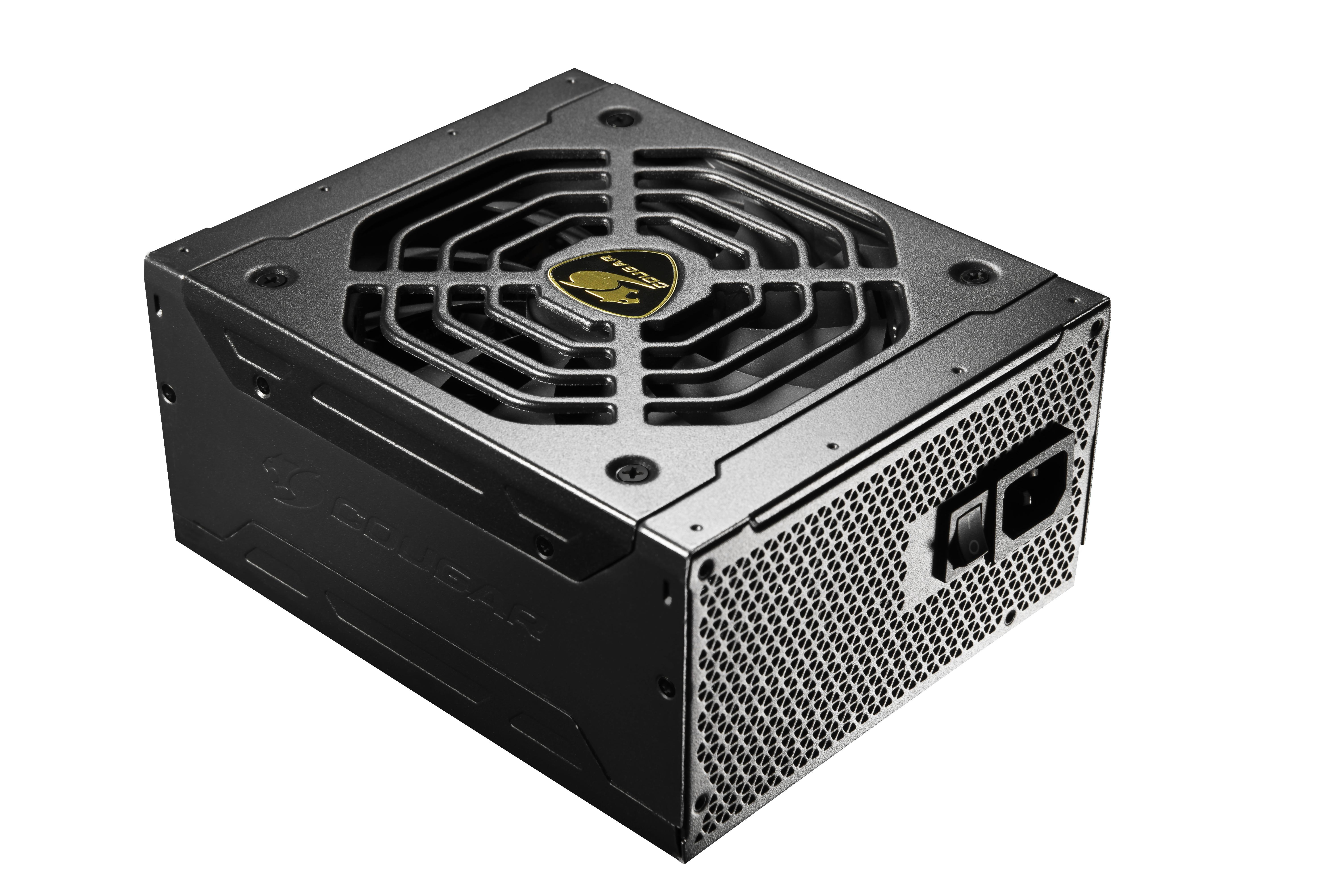 Czarny zasilacz Cougar z kratką wentylatora, logo i złączami zasilania.