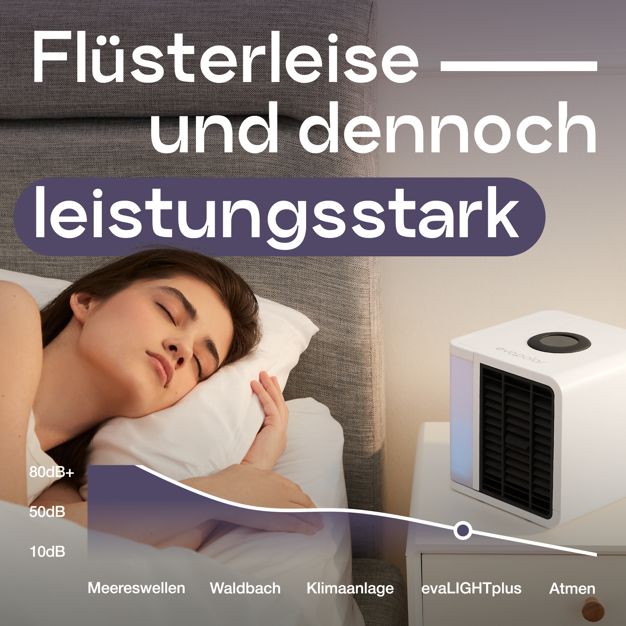 Eine Frau schläft neben einem weißen Luftreiniger. Text: 'Flüsterleise und dennoch leistungsstark'.