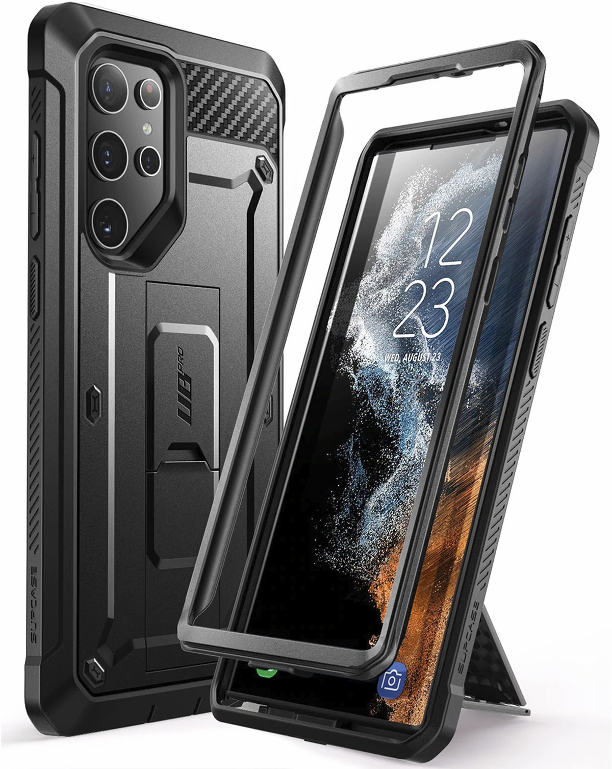 Telefono nero in custodia protettiva, con cornice separata.