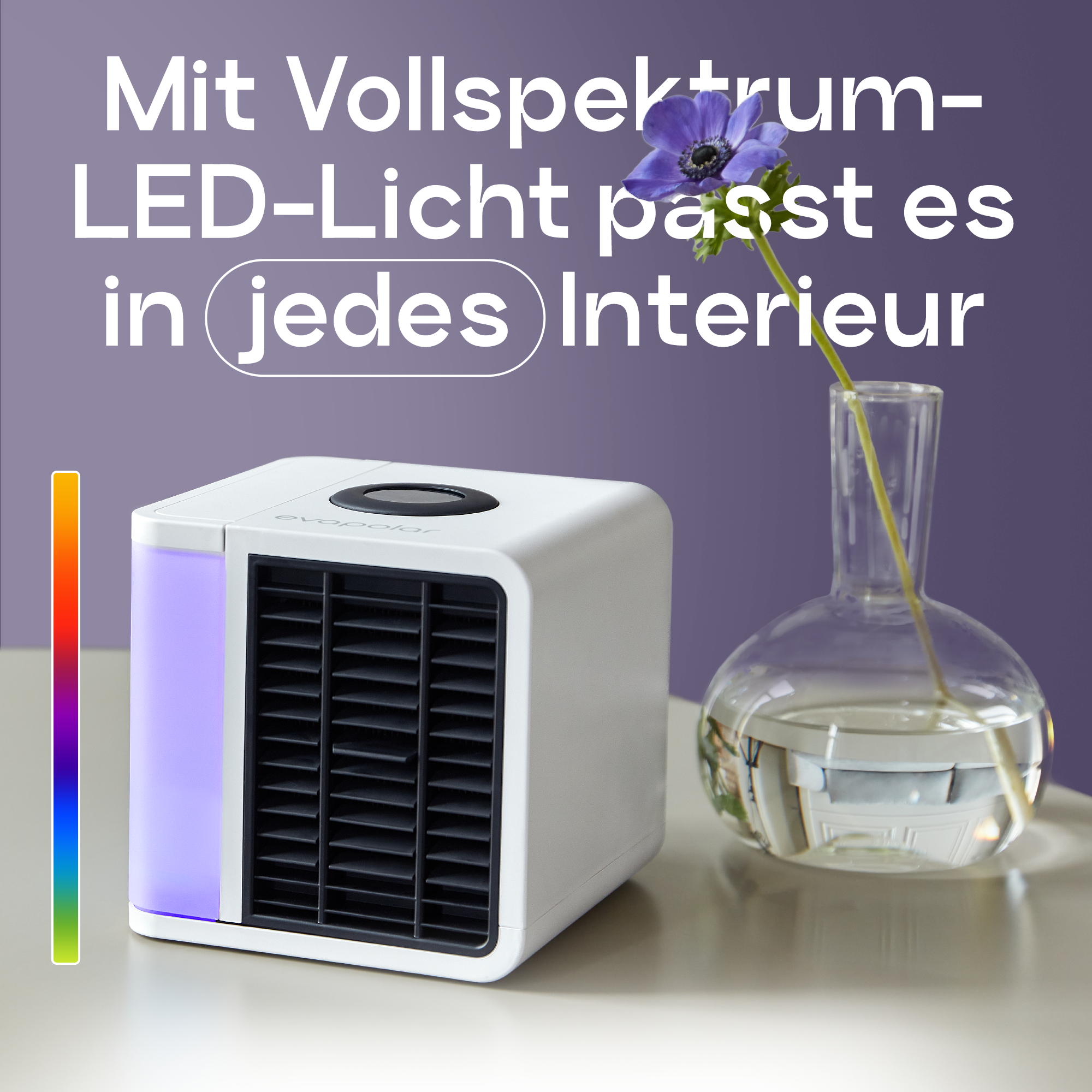 Weißer Luftkühler mit lila Licht, eine Vase mit einer blauen Blume und ein Regenbogenfarbbalken.