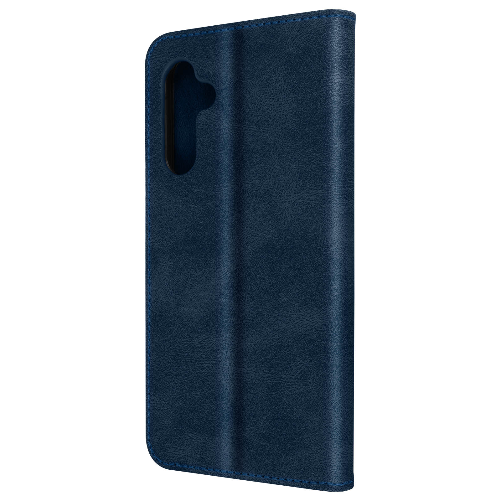 Blauwe telefoonhoes. Hij is gesloten en toont de zijkant met het cameragat en een telefoonvorm.