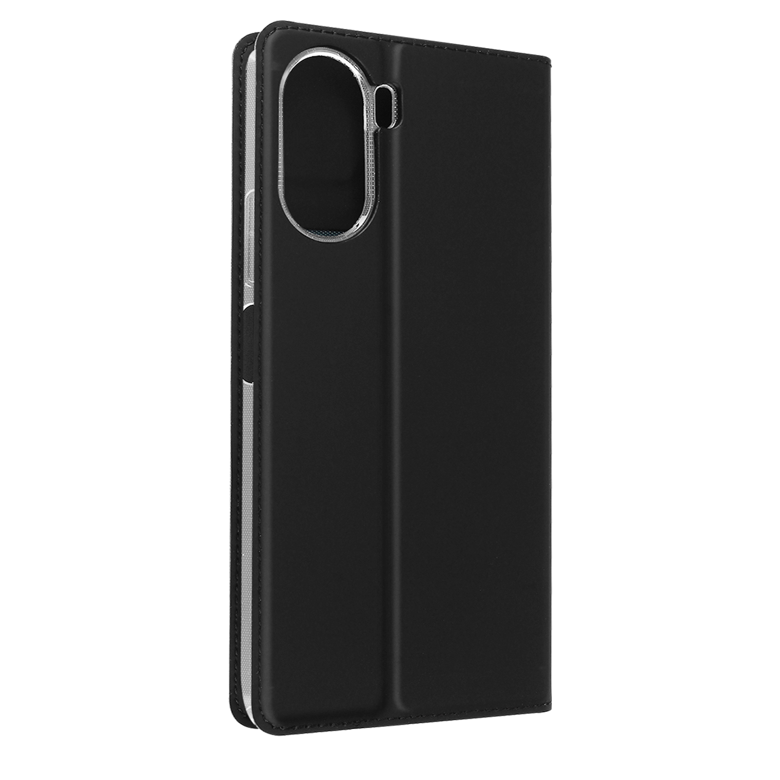 Custodia per telefono nera chiusa, aperta con foro per fotocamera.