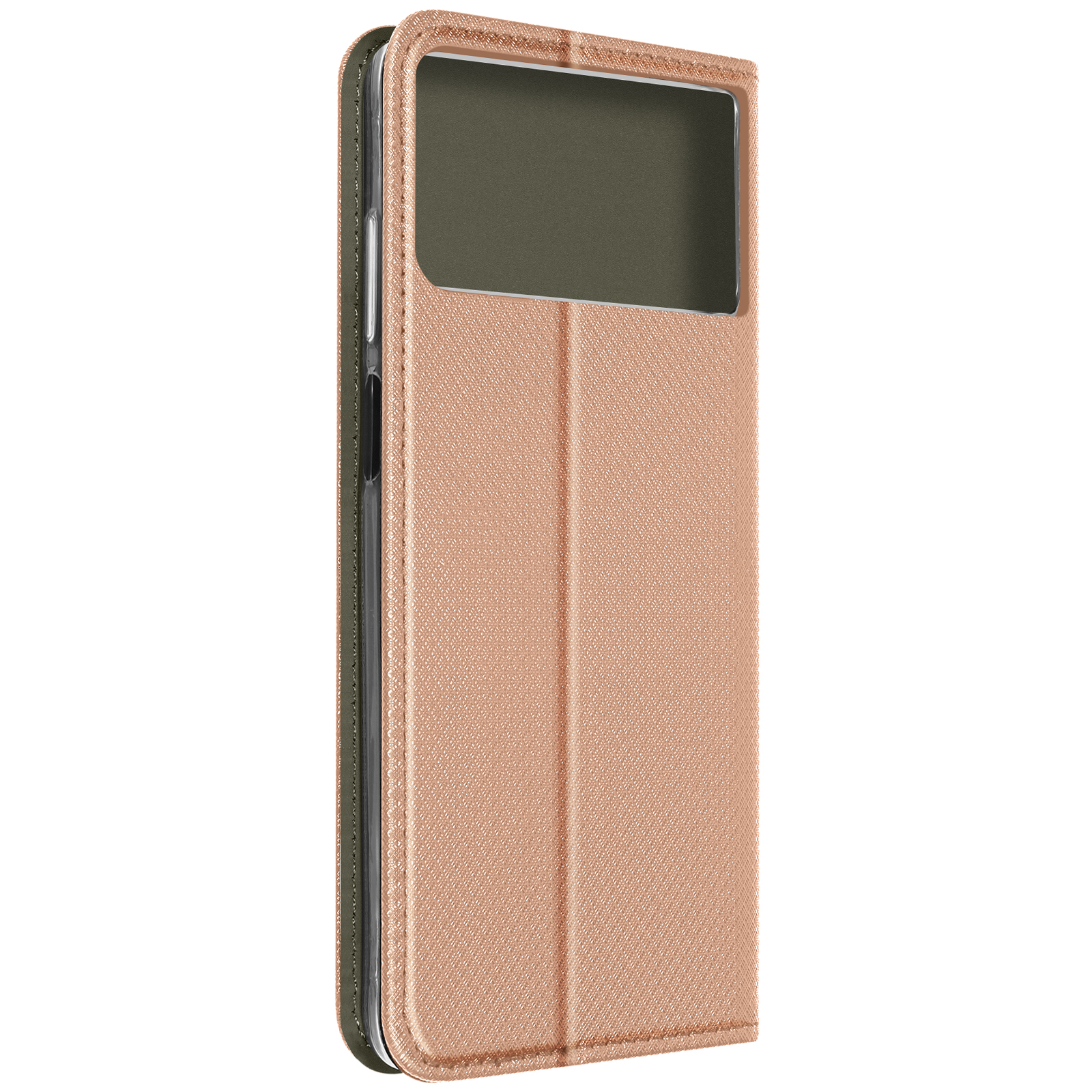 Telefon in roségoldener Hülle. Die Hülle ist geschlossen. Fenster für den Bildschirm.