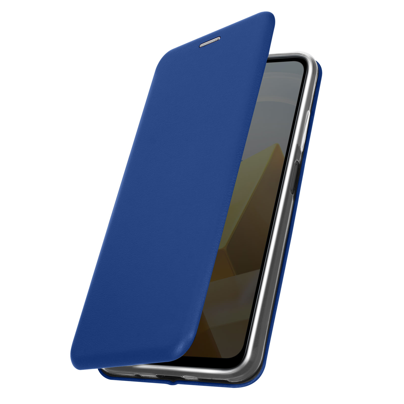 Eine blaue Handyhülle, geöffnet, um das Telefon im Inneren zu zeigen.
