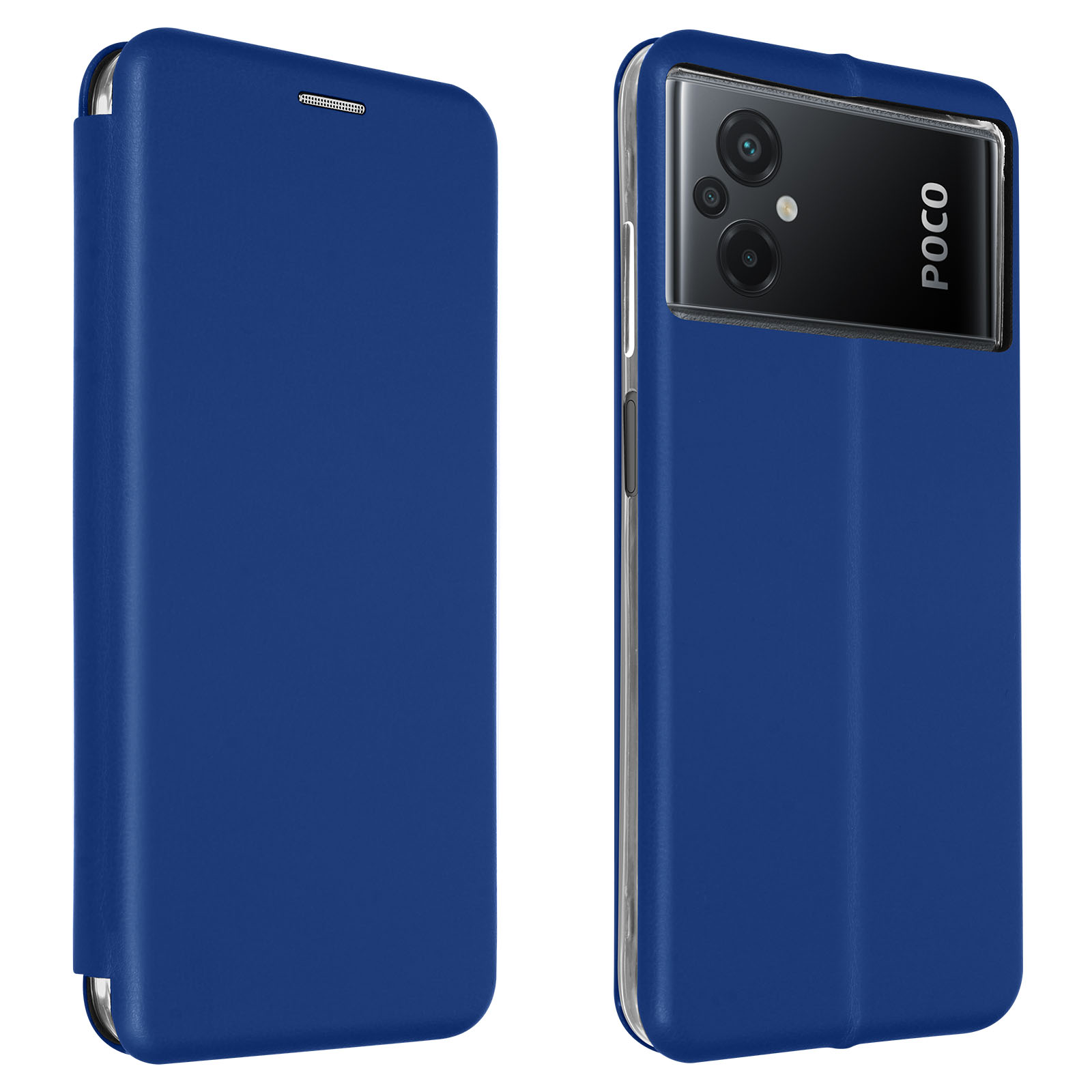 Blaue Handyhülle, offen und geschlossen, mit einem Telefon darin.