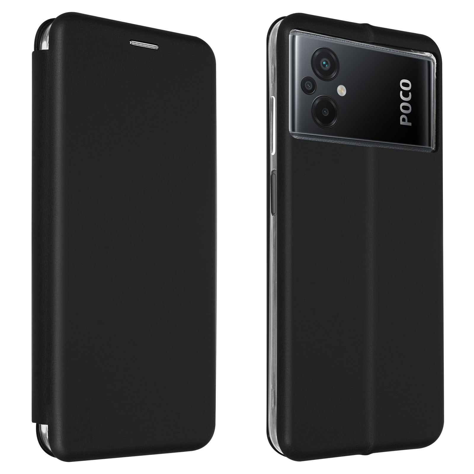 Eine schwarze Handyhülle. Das Telefon hat mehrere Rückkameras und das Wort 'POCO'.