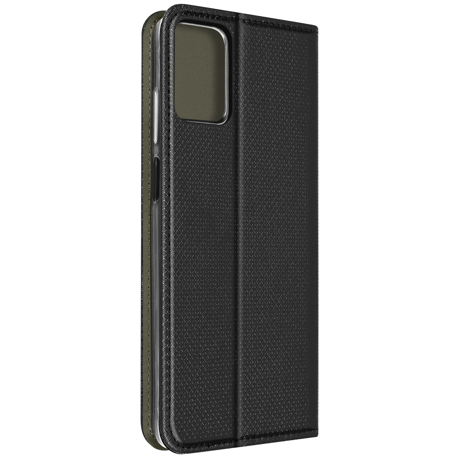 Eine geschlossene schwarze Handyhülle mit einem Smartphone darin, das einen Bildschirm zeigt.