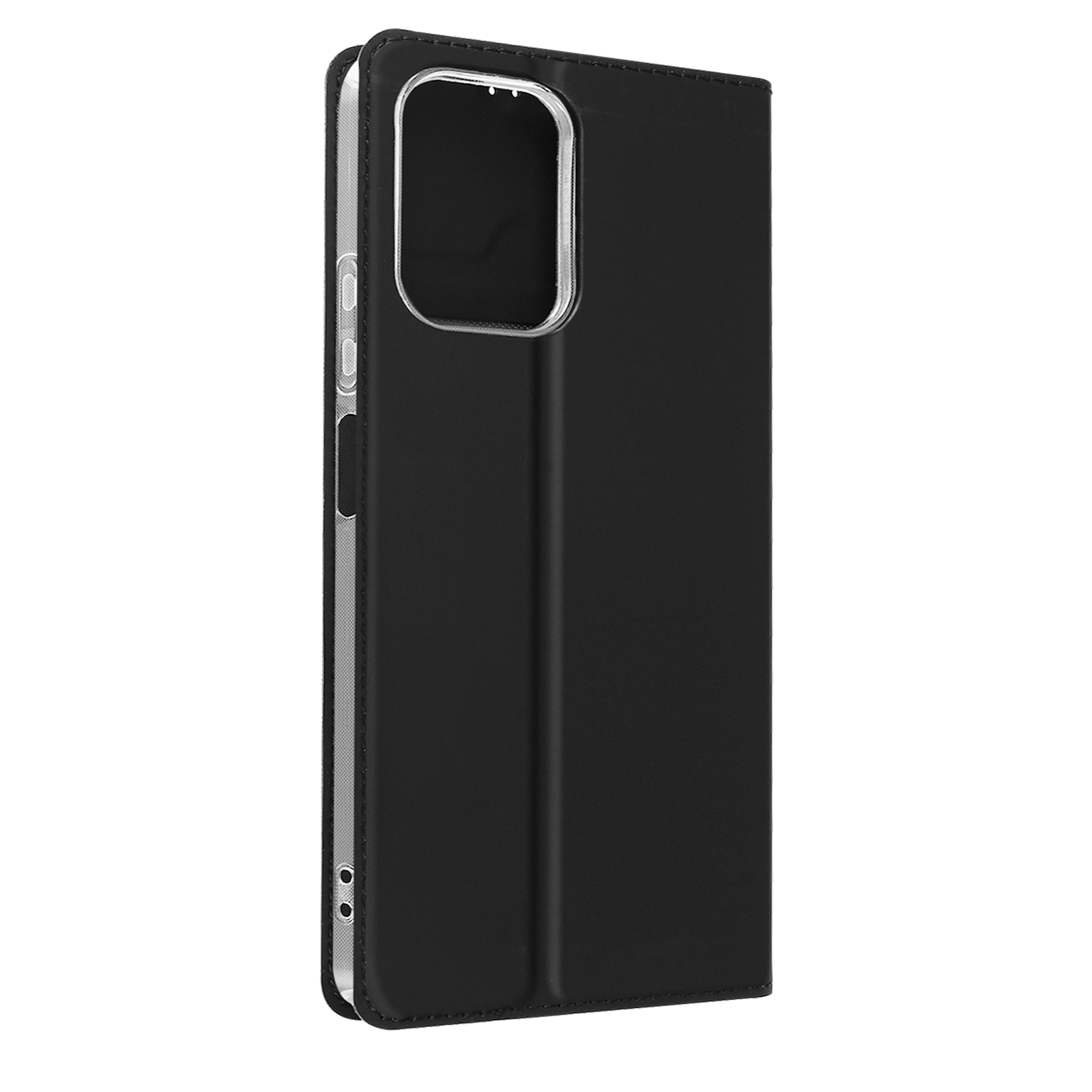 Una custodia per telefono nera con foro fotocamera trasparente su sfondo bianco.