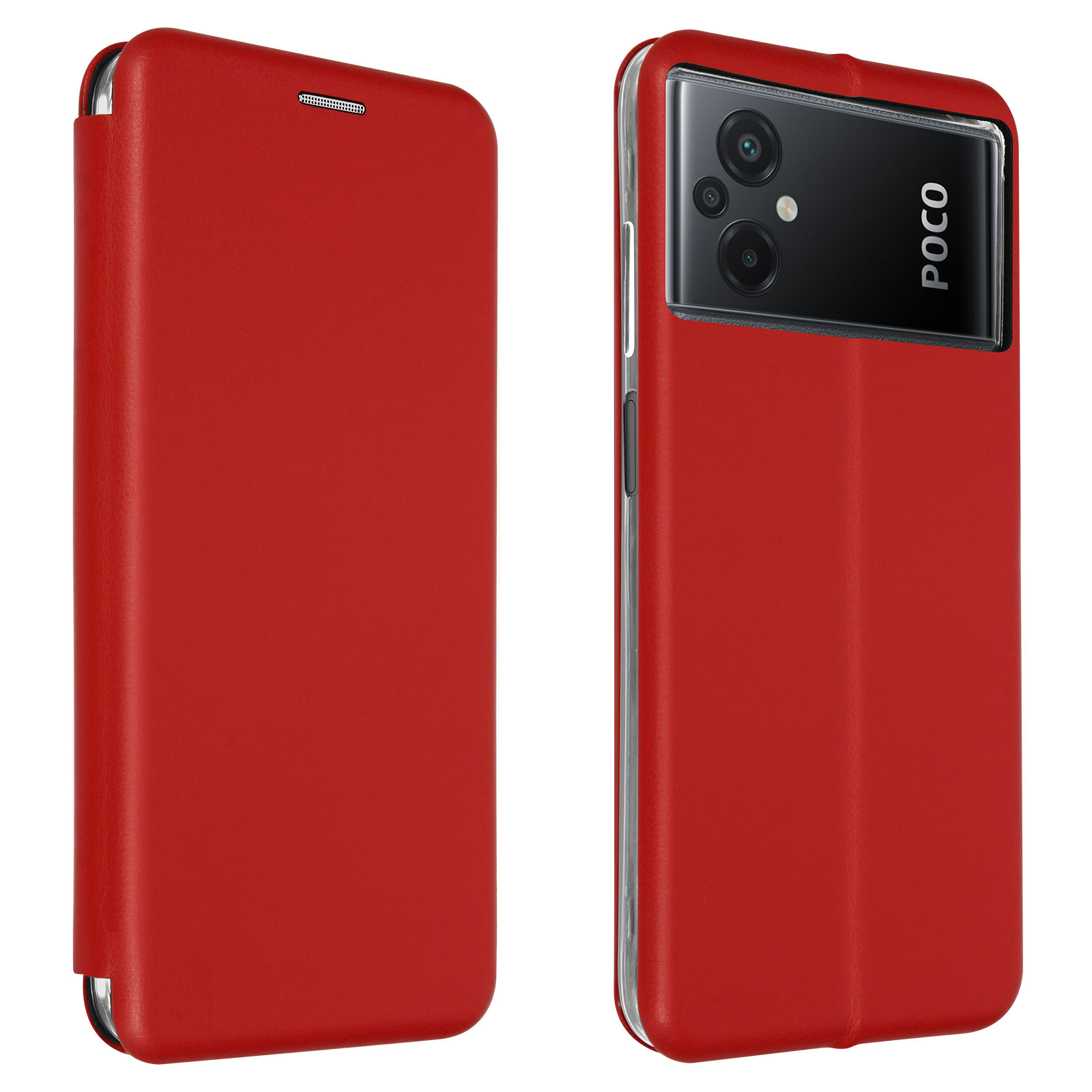 Rote Handyhülle mit Handy darin, geöffnet, zeigt die Rückseite des Handys mit POCO Logo.