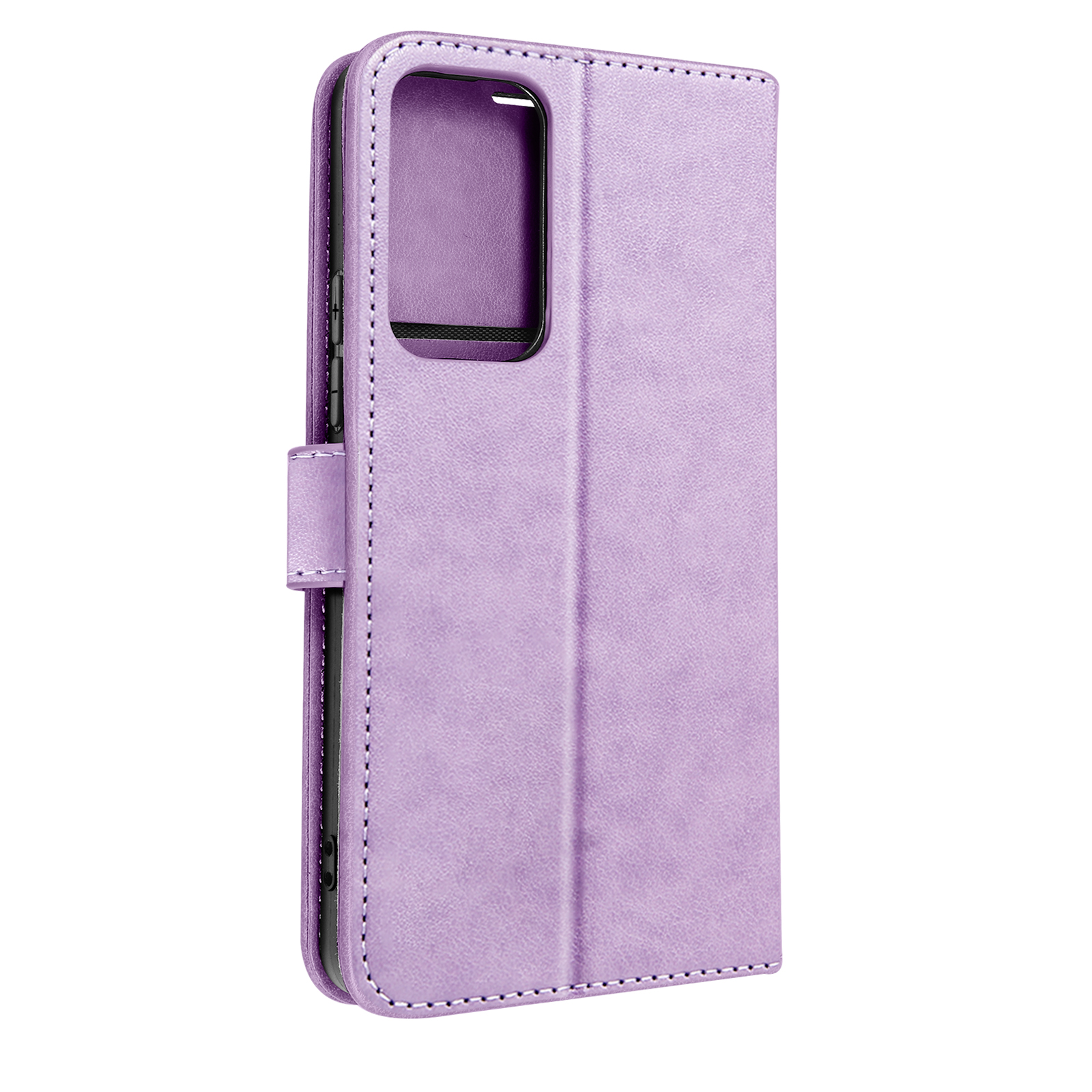 Una custodia per telefono viola chiusa, con ritaglio per la fotocamera e chiusura magnetica.