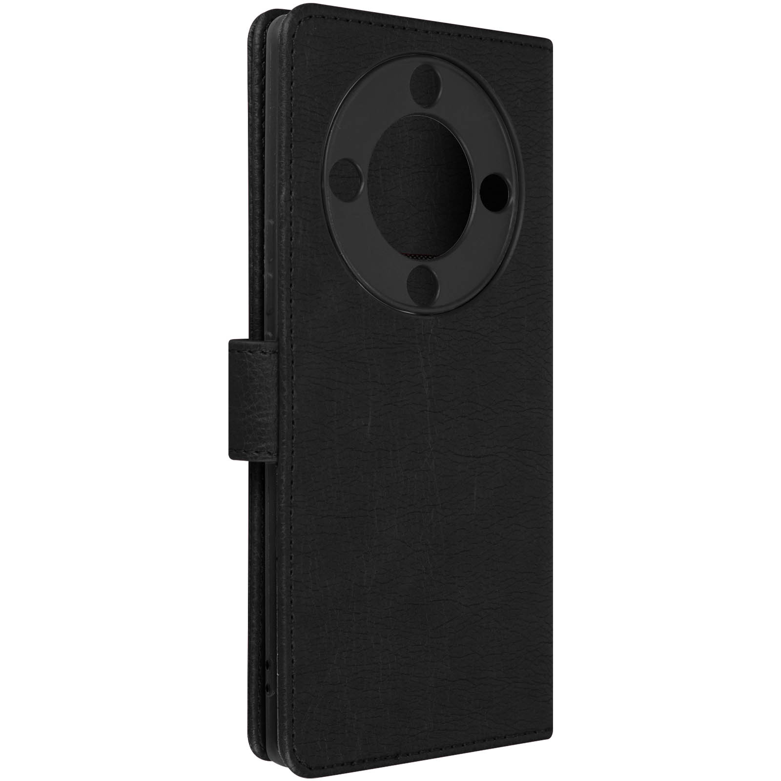 Una custodia per telefono in pelle nera con un proteggi fotocamera circolare.