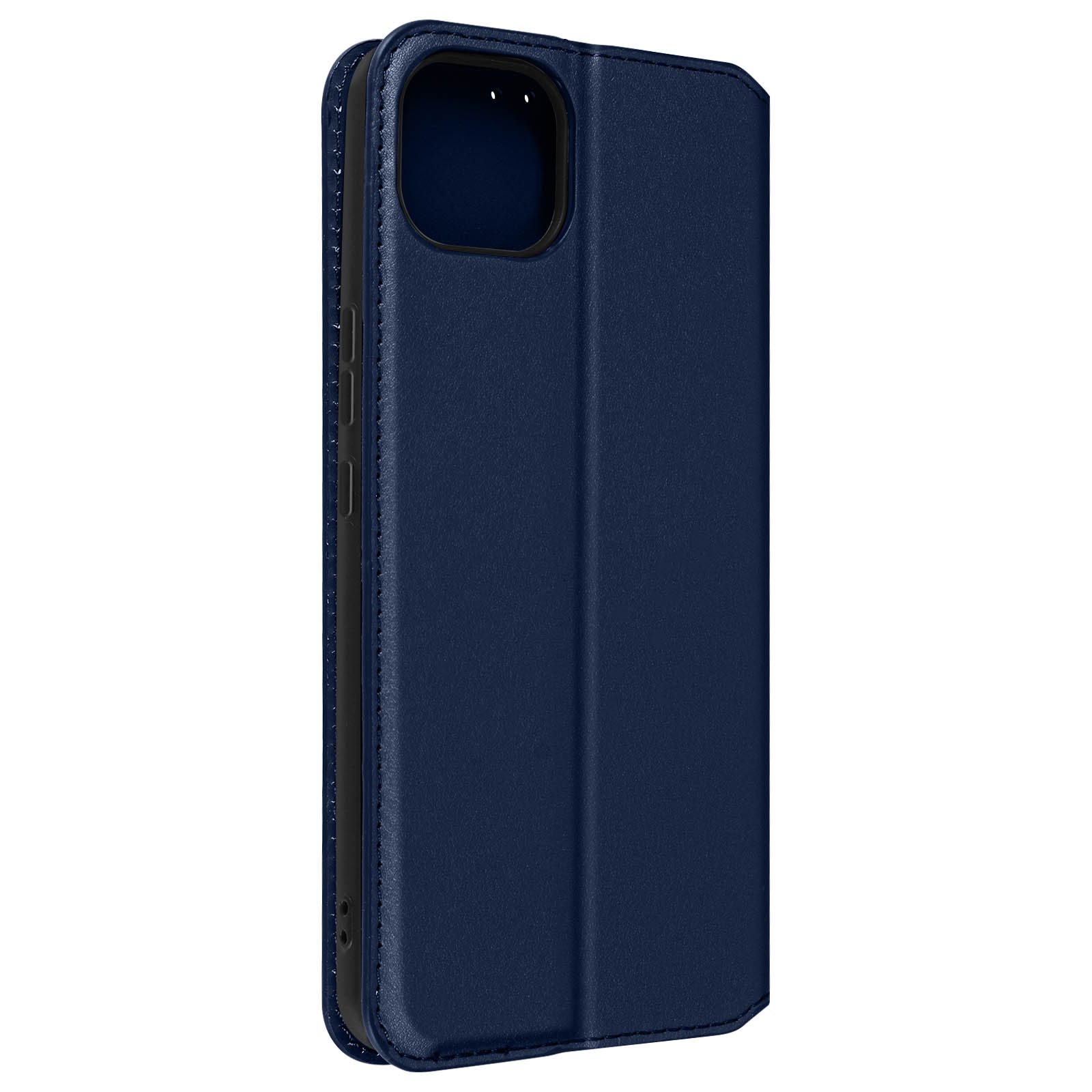 Een marineblauwe telefoonhoes. De voorkant is gesloten en heeft een zwarte rand.