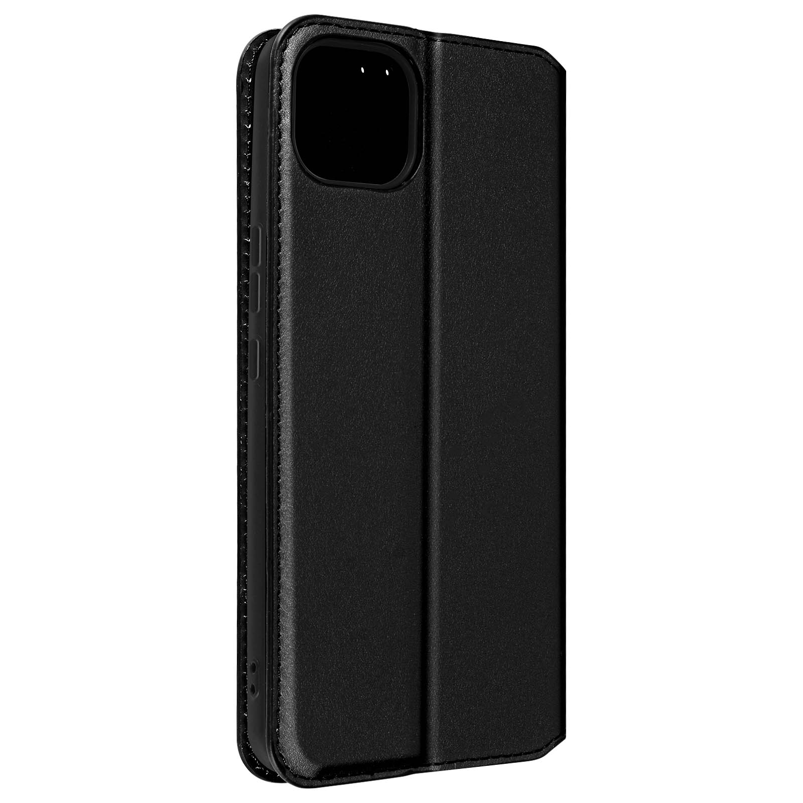 Een zwarte telefoonhoes, open, met een zwart schermgebied.