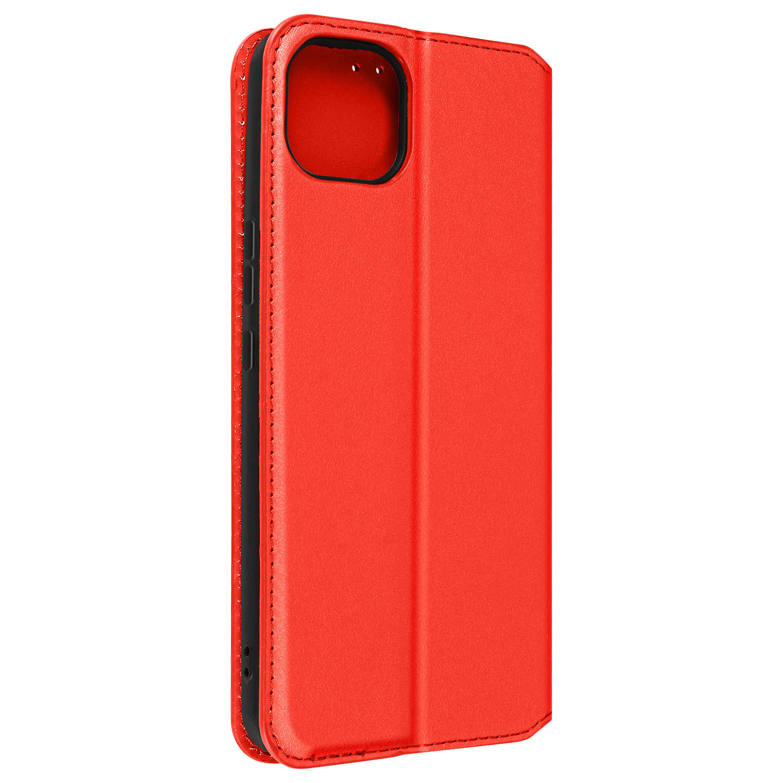 Custodia per telefono rossa, chiusa. La custodia è simile alla pelle con bordi cuciti. Ha un ritaglio per la fotocamera e pulsanti laterali.
