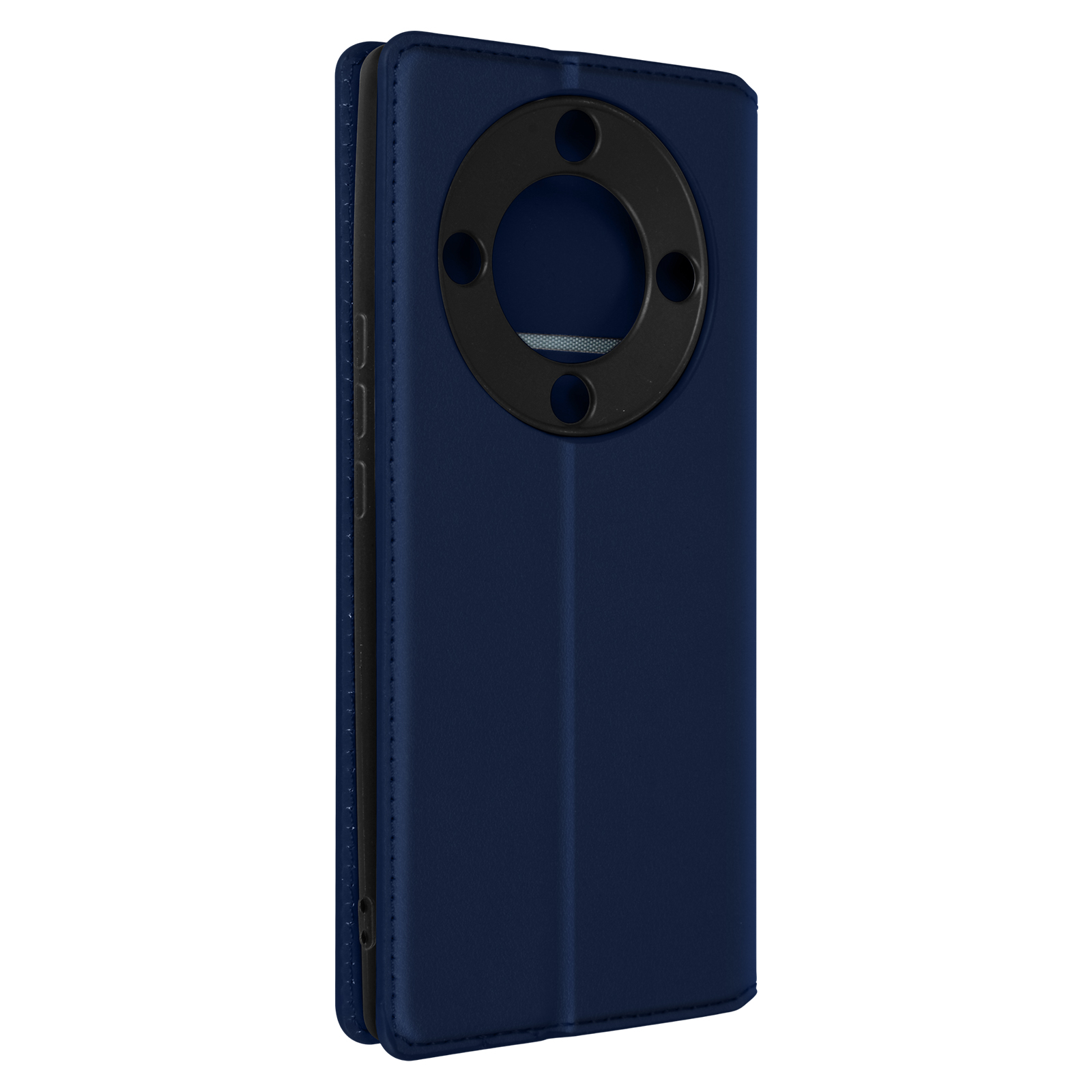 Een blauwe telefoonhoes, gesloten. Een zwarte, ronde camera-uitsparing is zichtbaar. De hoes heeft een gestructureerd oppervlak.