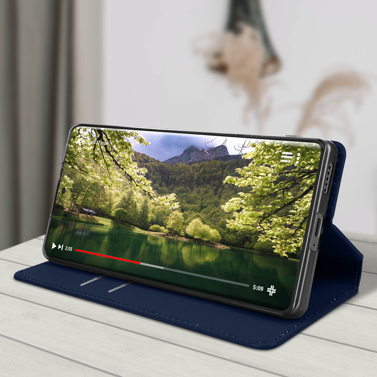 Een telefoon in een blauwe hoes met een video van een meer en bergen.