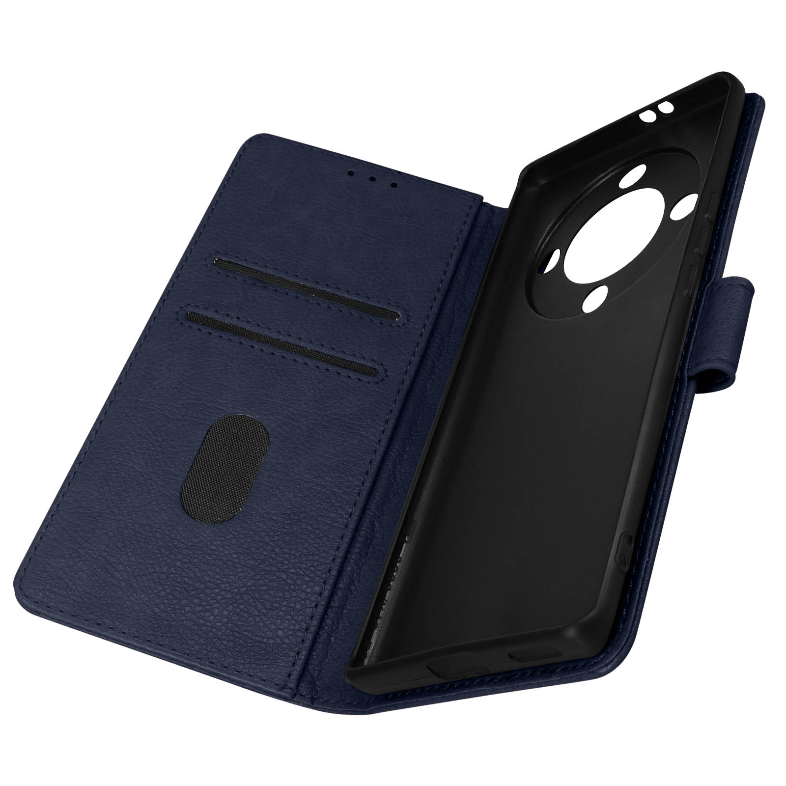 Custodia blu per telefono aperta, che mostra l'interno. La custodia è nera.
