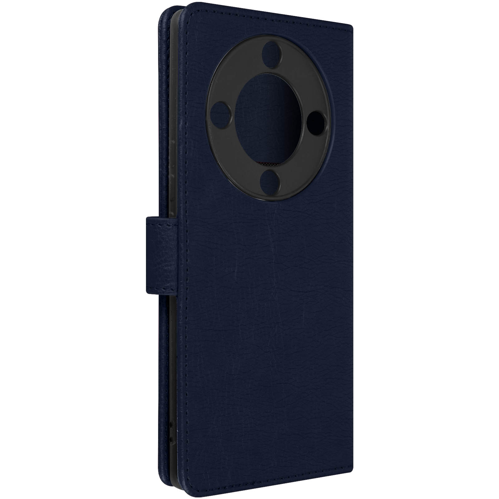 Una custodia per telefono in pelle blu con un anello nero per la fotocamera. È chiusa.