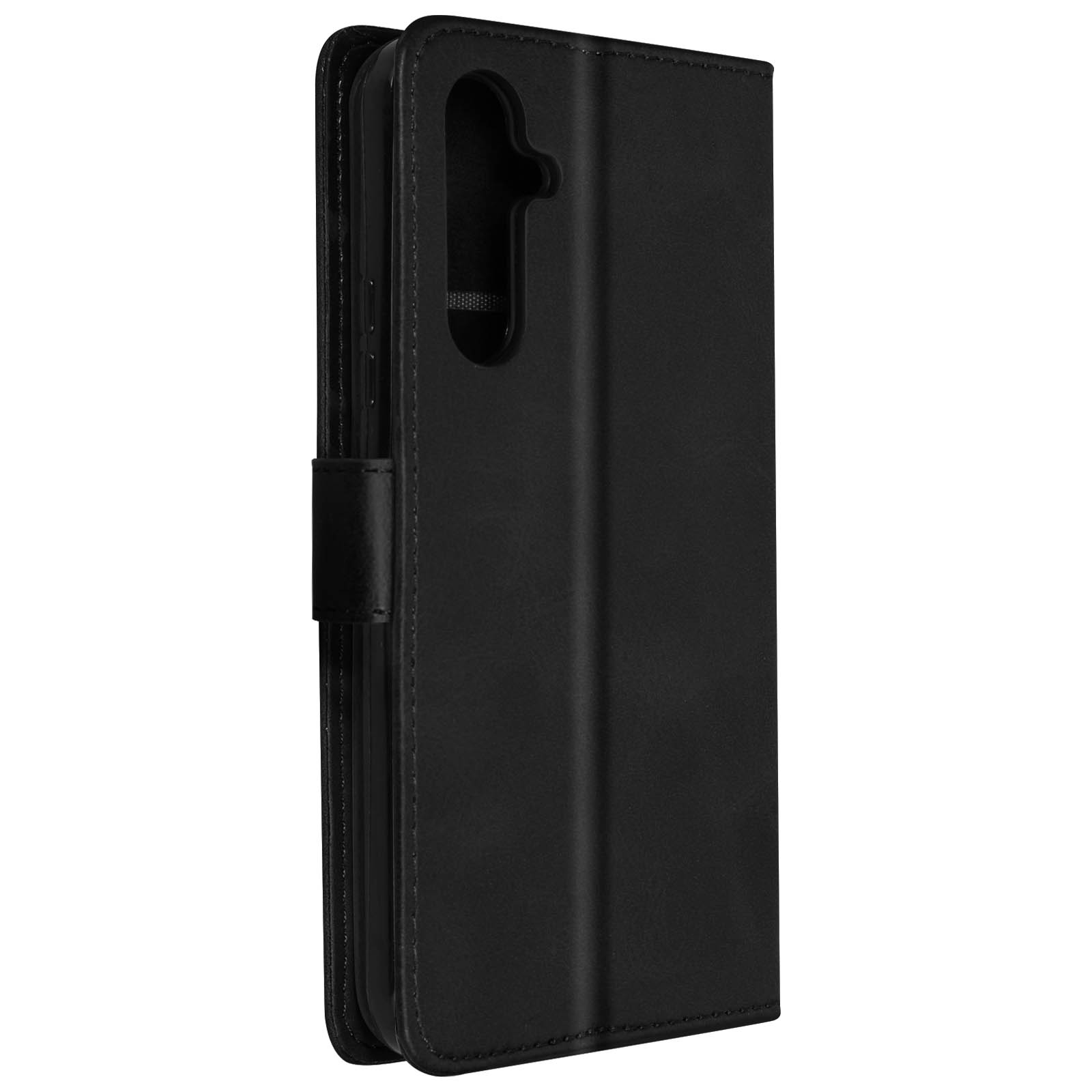 Schwarze Leder-Handyhülle, geschlossen, mit Magnetverschluss.