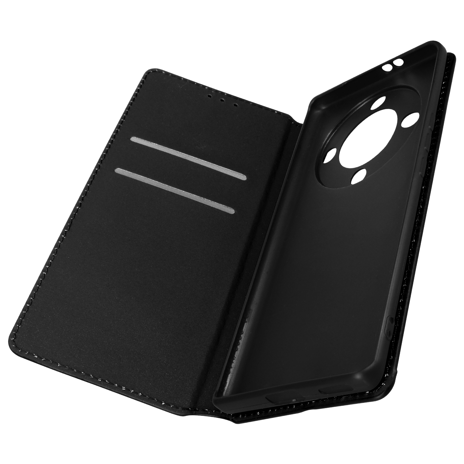 Custodia per telefono in pelle nera, aperta, con slot per carte e spazio per il telefono, su sfondo bianco.