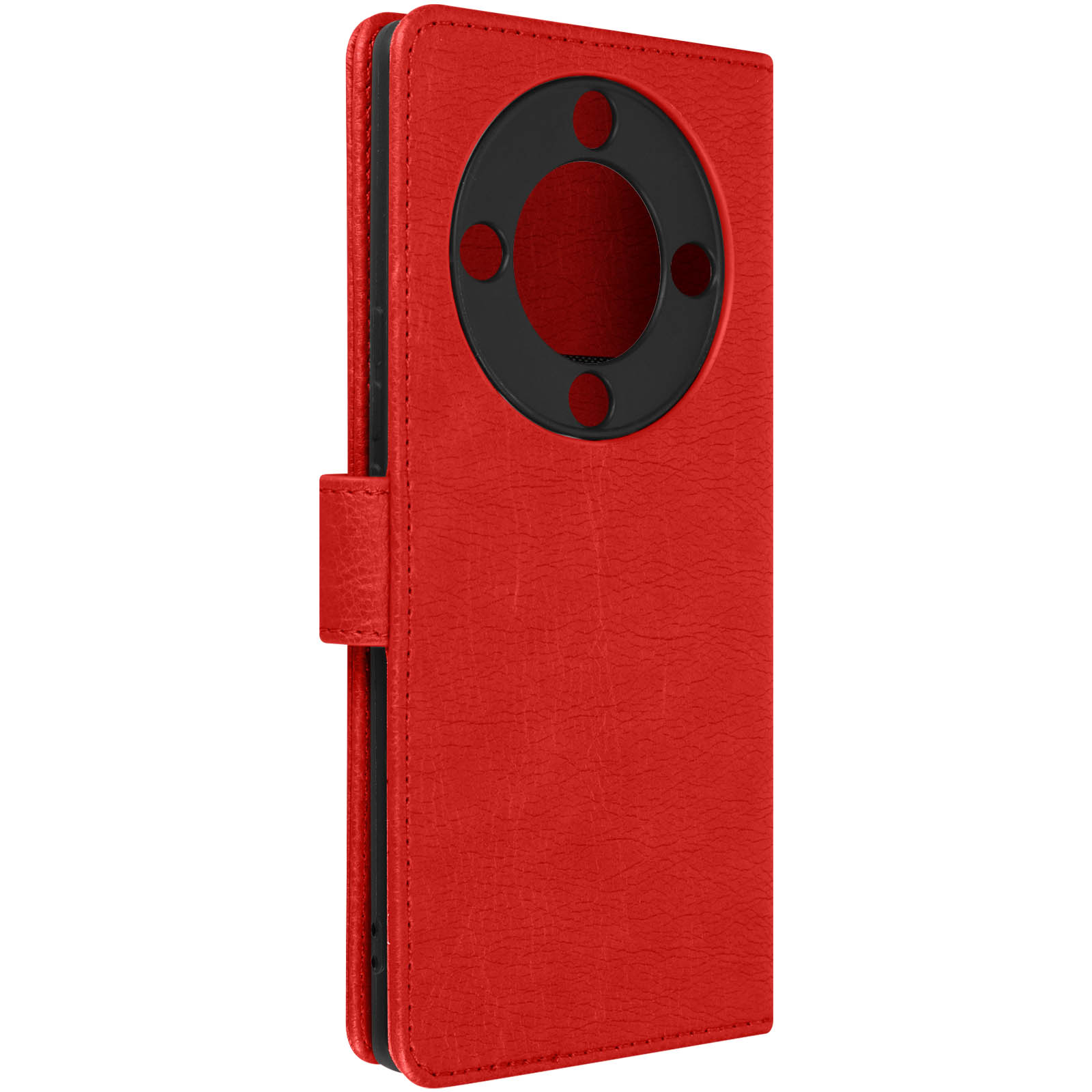 Una custodia per telefono rossa, chiusa, con un ritaglio per la fotocamera.