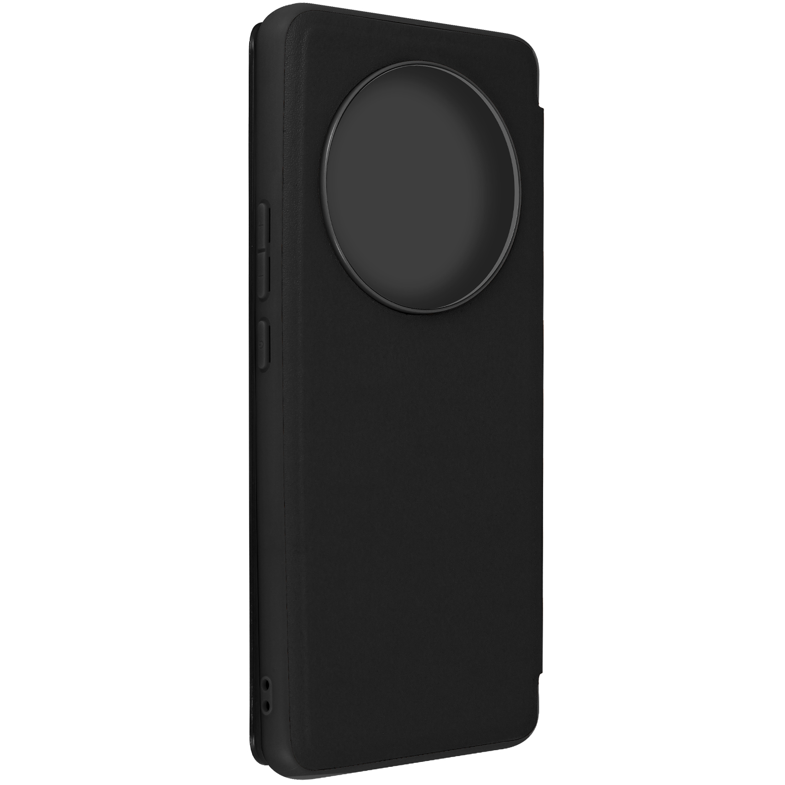 Custodia per telefono nera con un ritaglio circolare per la fotocamera. La custodia ha i pulsanti sul lato.
