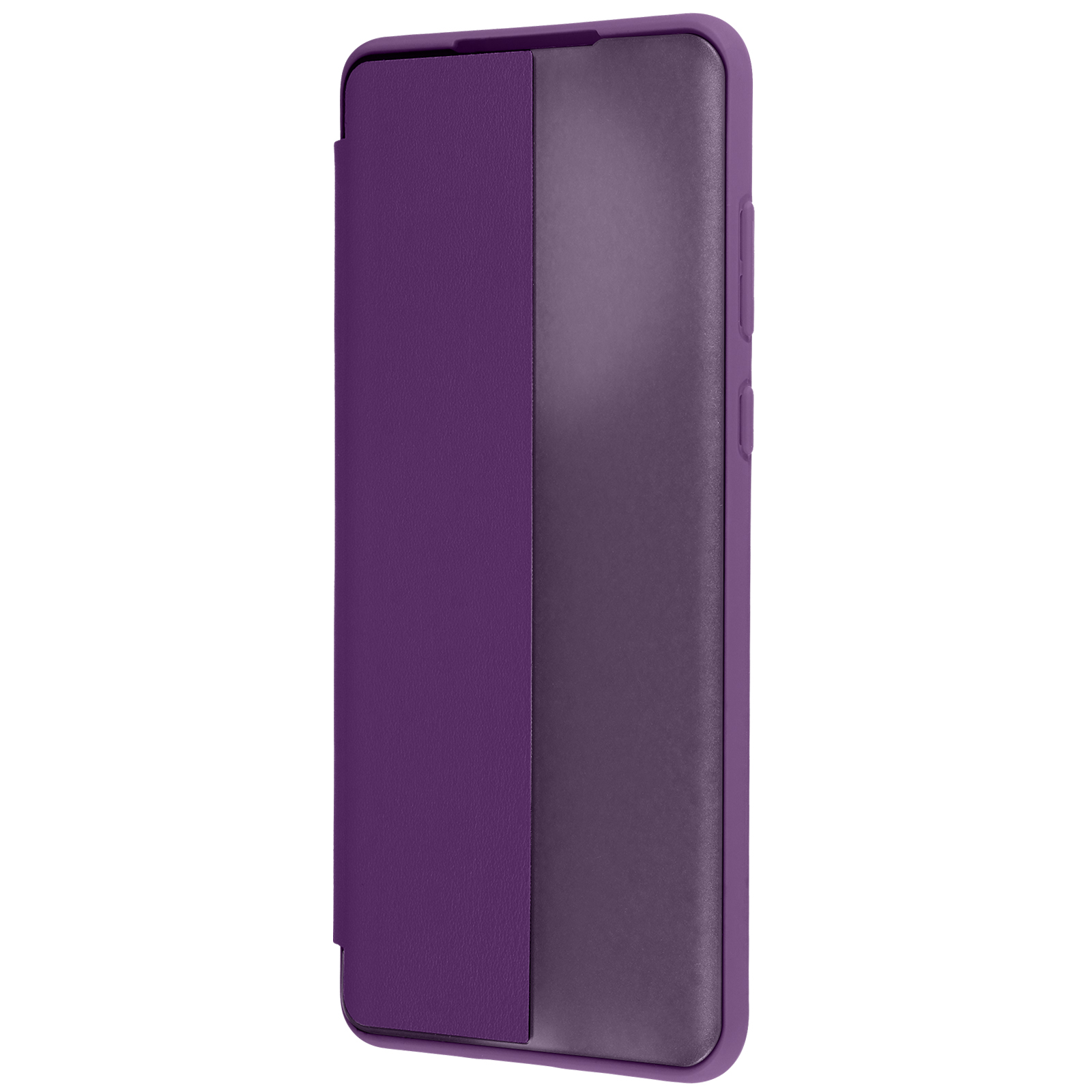 Custodia viola per telefono con cover a ribalta. Chiusa da un lato, rivela un telefono.