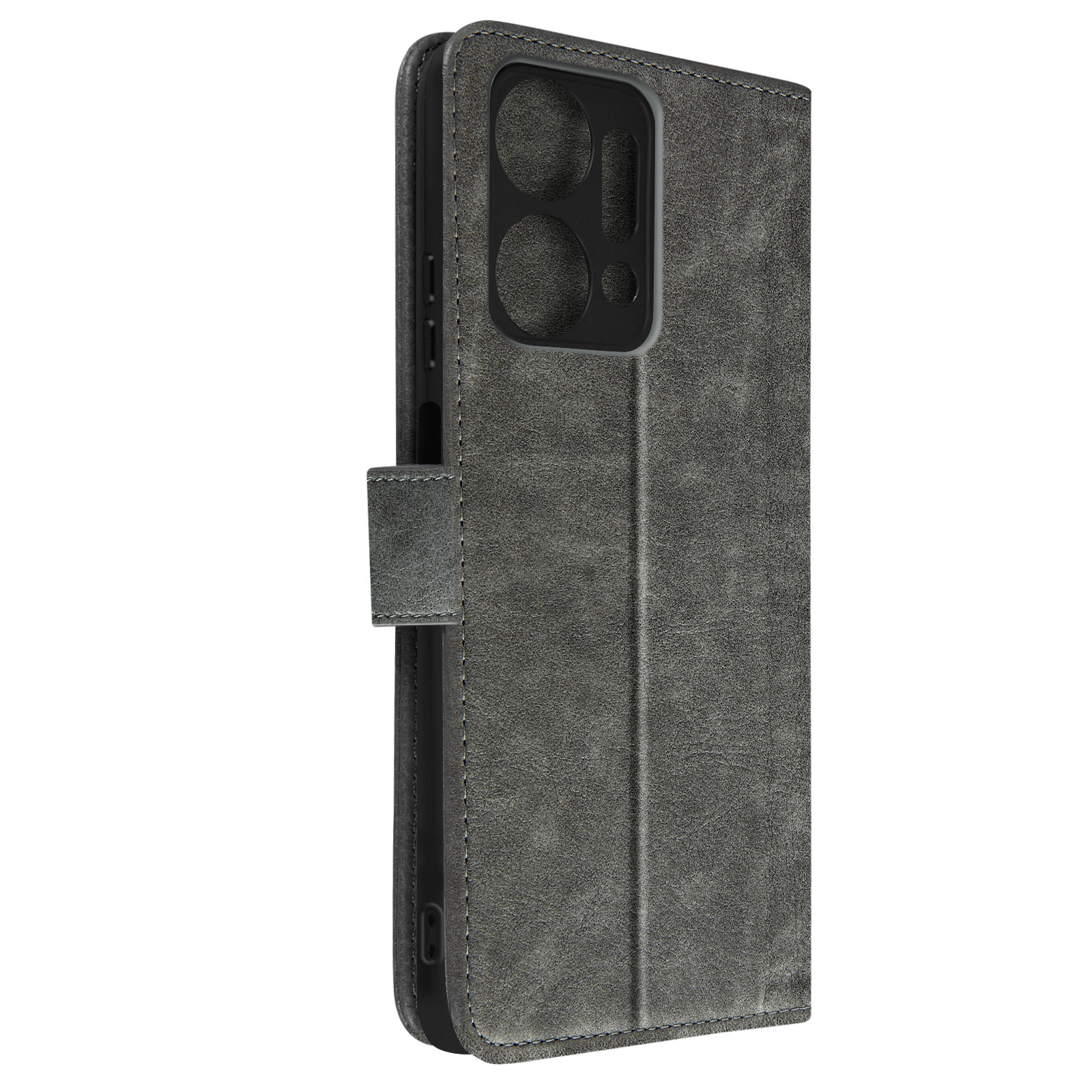 Custodia grigia per telefono con chiusura magnetica. La custodia è chiusa, mostrando il retro con fori per la fotocamera.