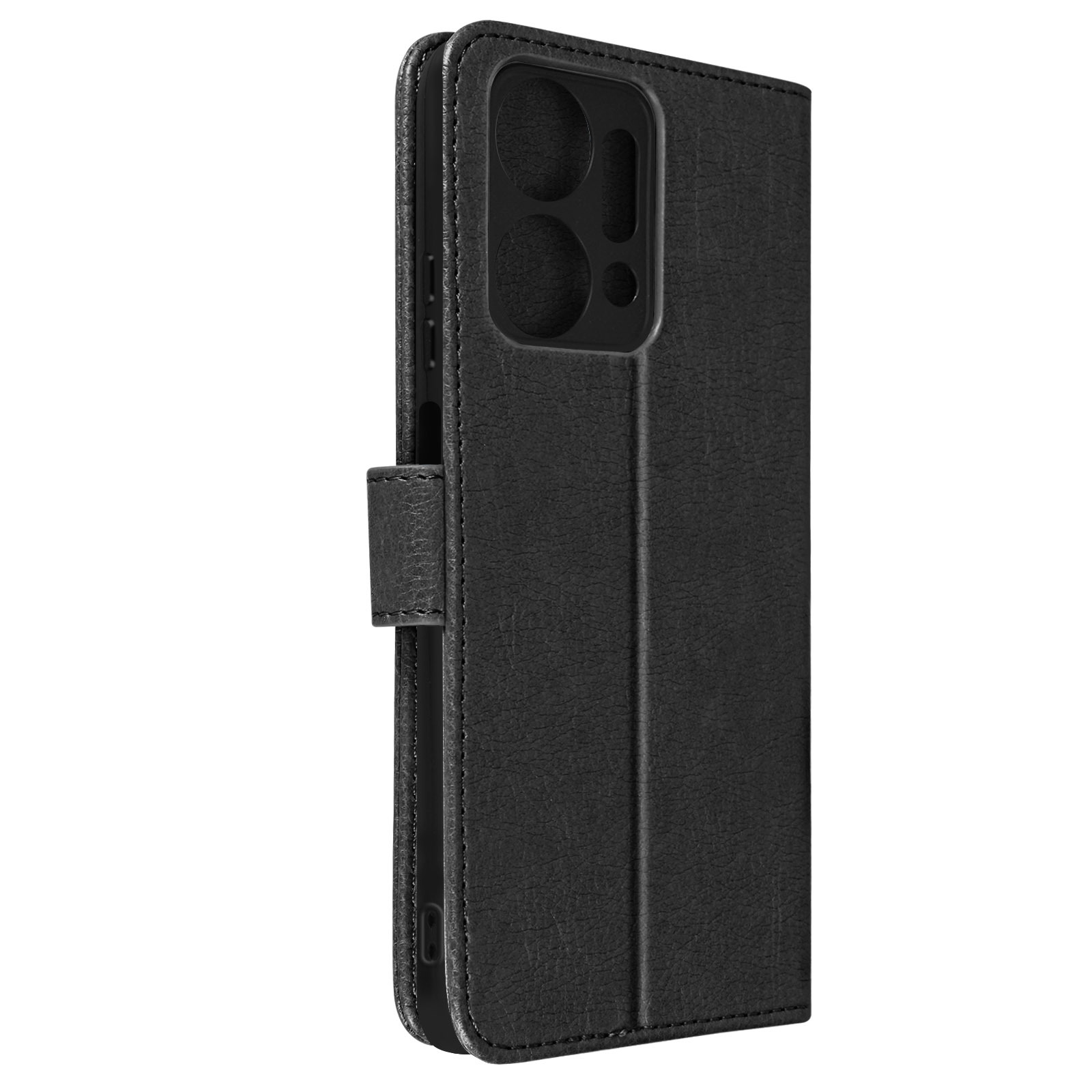 Custodia per telefono in pelle nera. La custodia è chiusa. Ha un foro per la fotocamera.