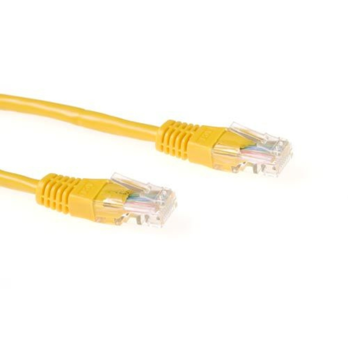 Yellow Ethernet cable with clear connectors on a white background. Close up.