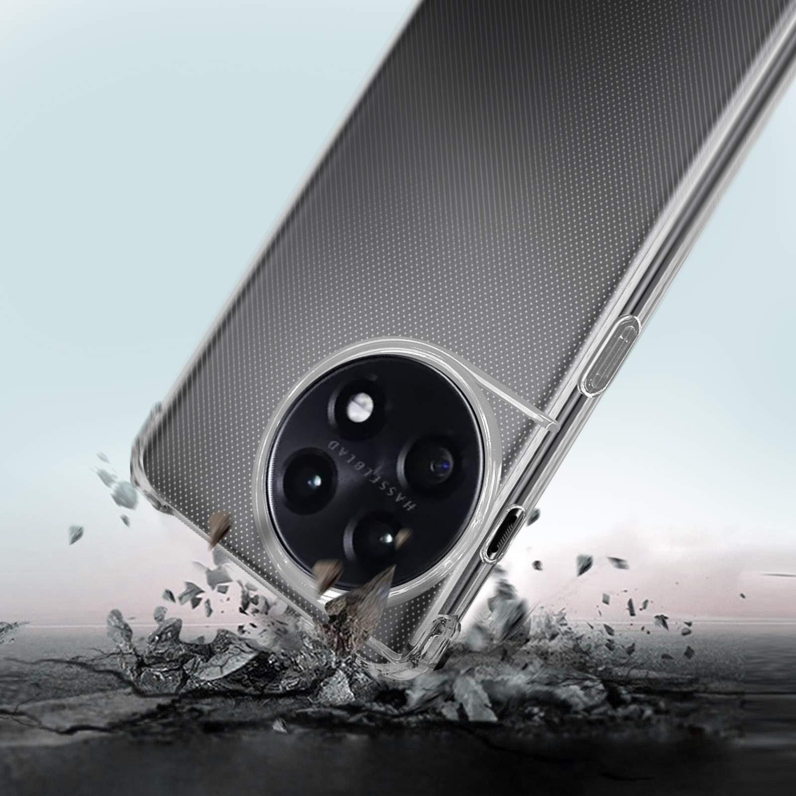 Una custodia per telefono che cade, mostrando un design trasparente con retro nero e fotocamera.