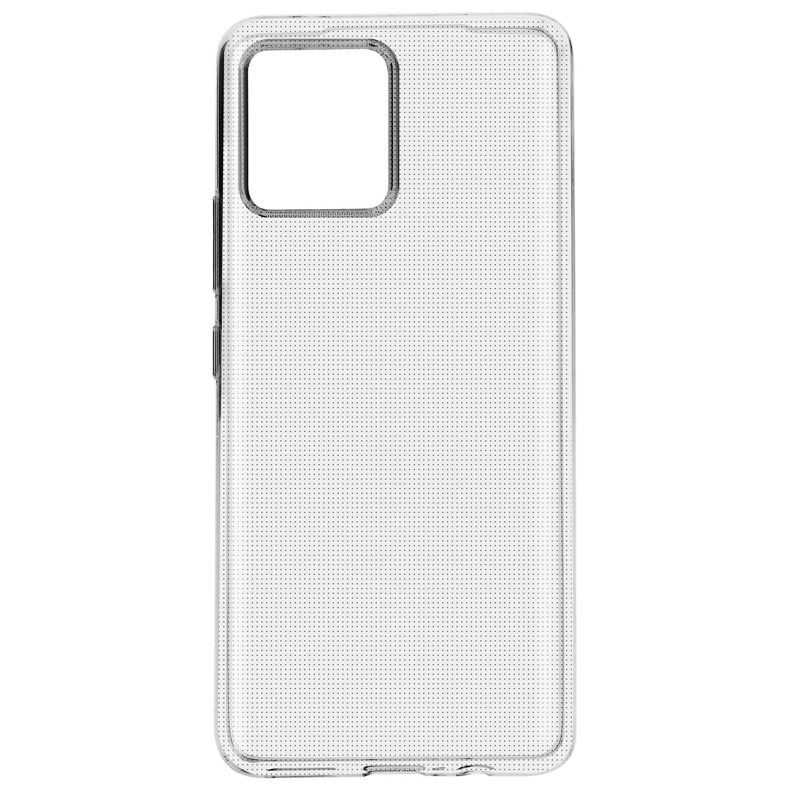 Custodia trasparente per telefono con ritaglio per fotocamera su sfondo bianco, primo piano.