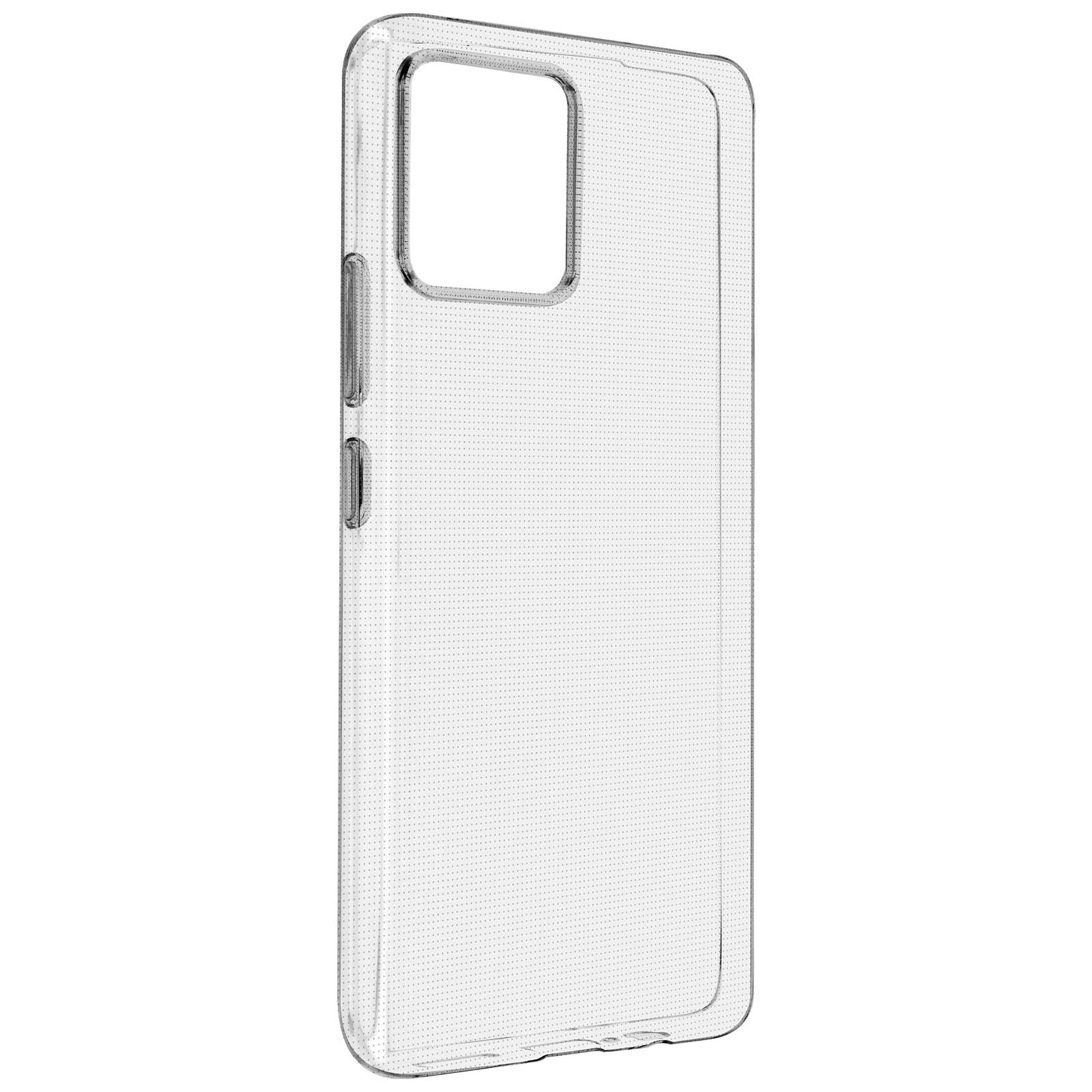 Custodia trasparente per telefono. La custodia è trasparente e copre la parte posteriore del telefono. Mostra l'intaglio della fotocamera e i pulsanti laterali.