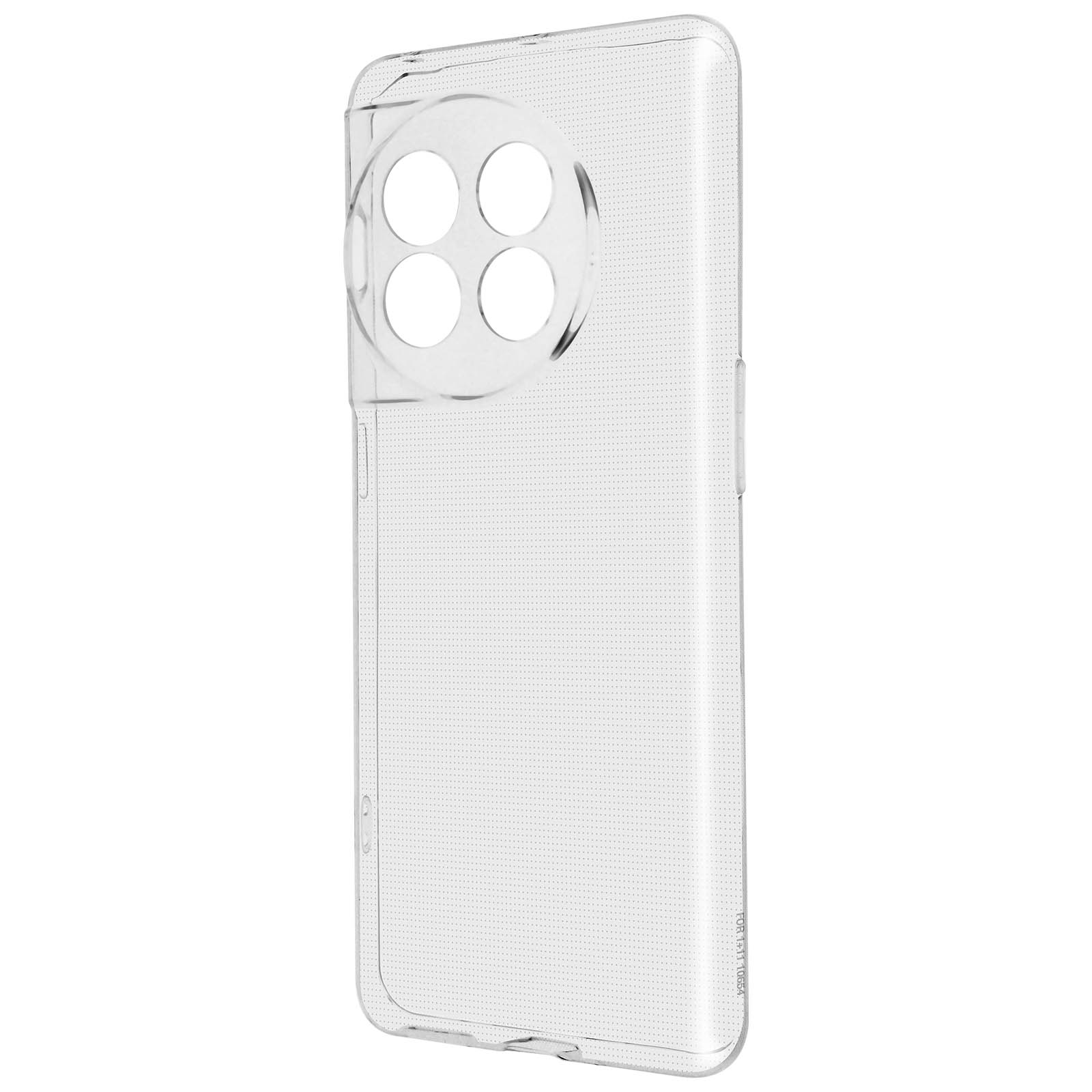 Custodia trasparente per telefono con ritaglio per fotocamera su sfondo bianco.