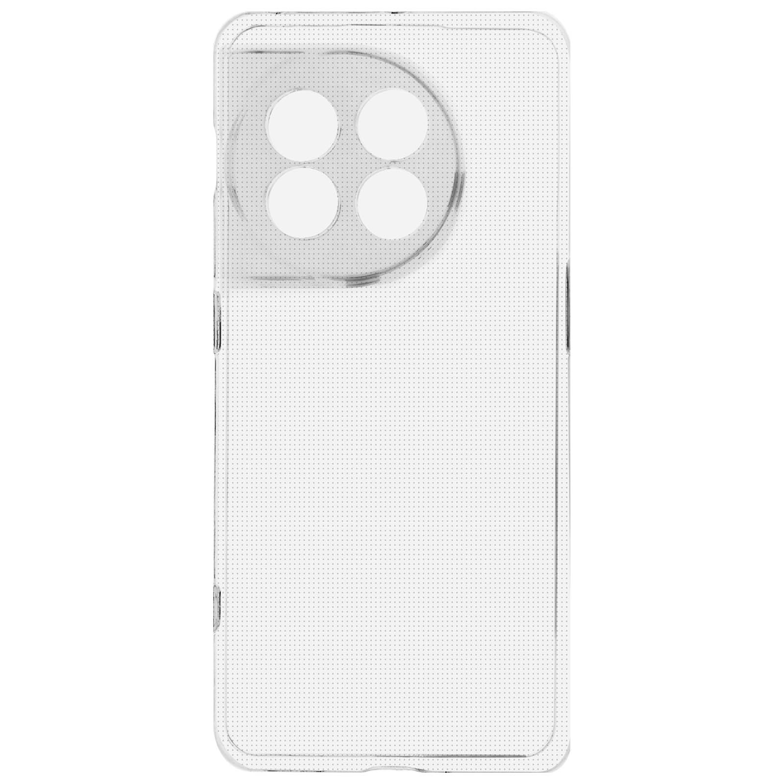 Custodia trasparente per telefono con quattro cerchi per fotocamera, su sfondo bianco.