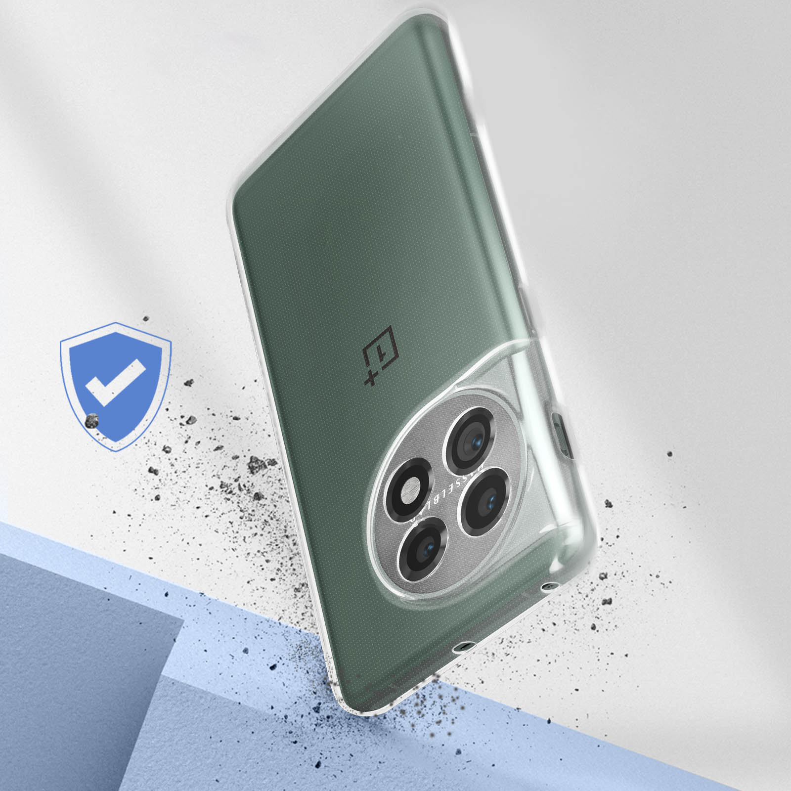 Custodia verde per telefono. La custodia ha una sezione trasparente per la fotocamera, con un'icona a scudo con un segno di spunta.