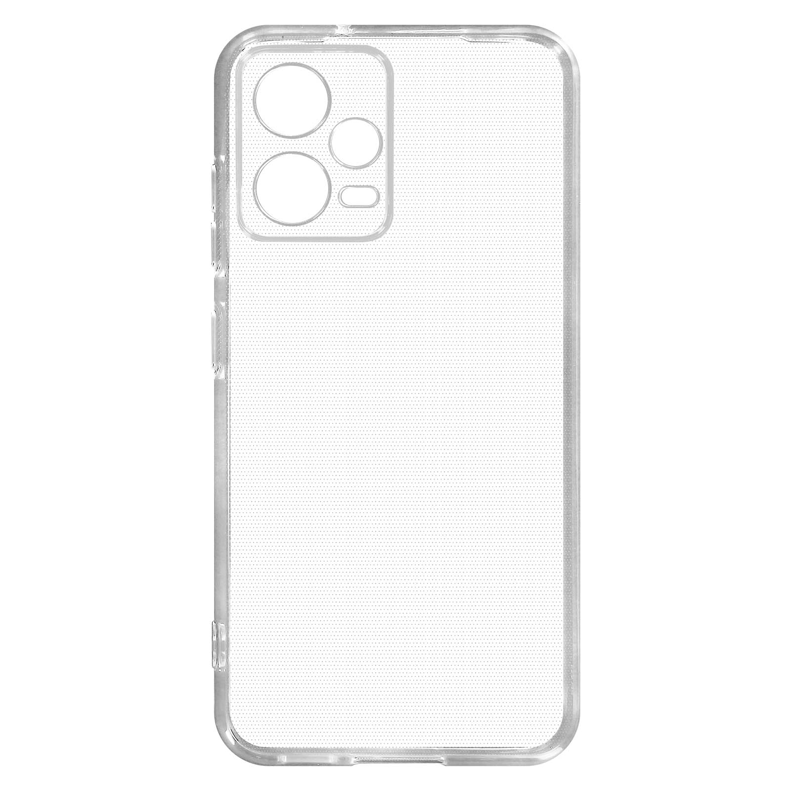 Custodia trasparente per telefono, con aperture per fotocamera e pulsanti.