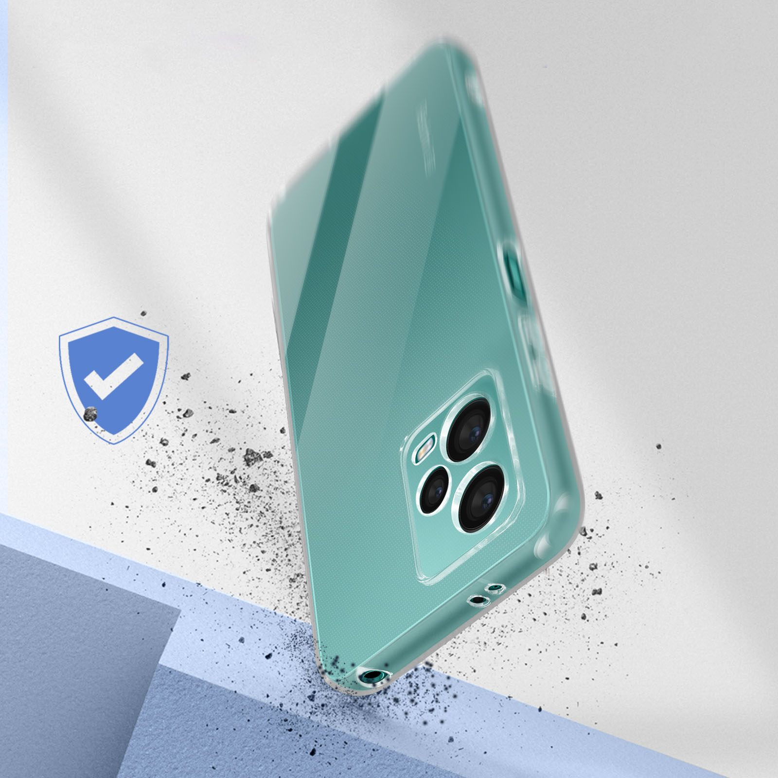 Una custodia verde per telefono sta cadendo. Un'icona a scudo mostra la protezione.