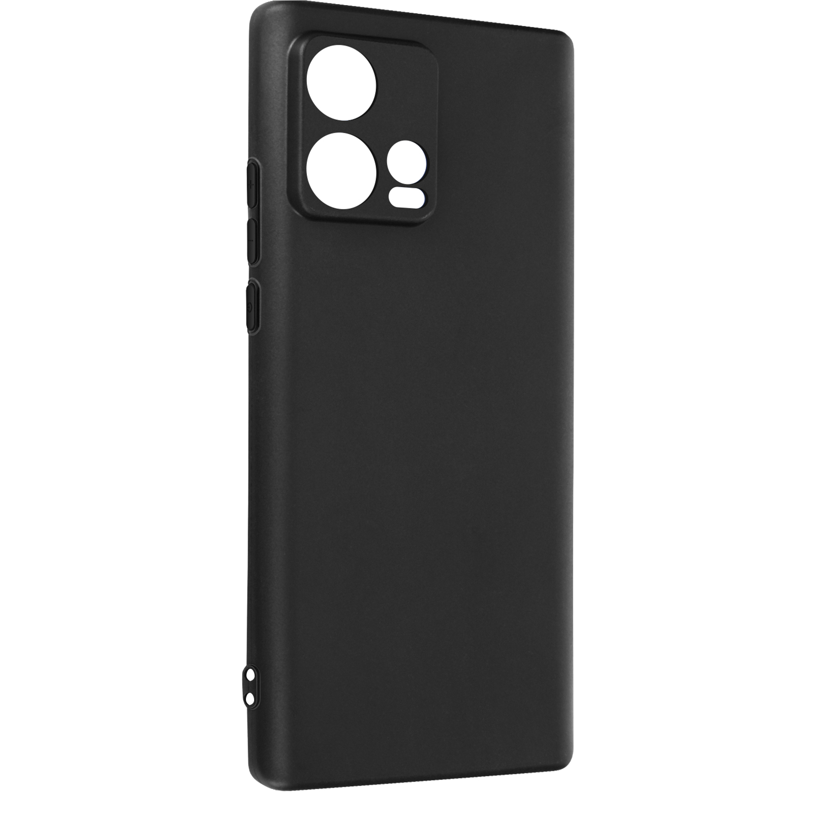 Custodia nera per telefono con ritagli per la fotocamera. La custodia è semplice e ha una superficie liscia.