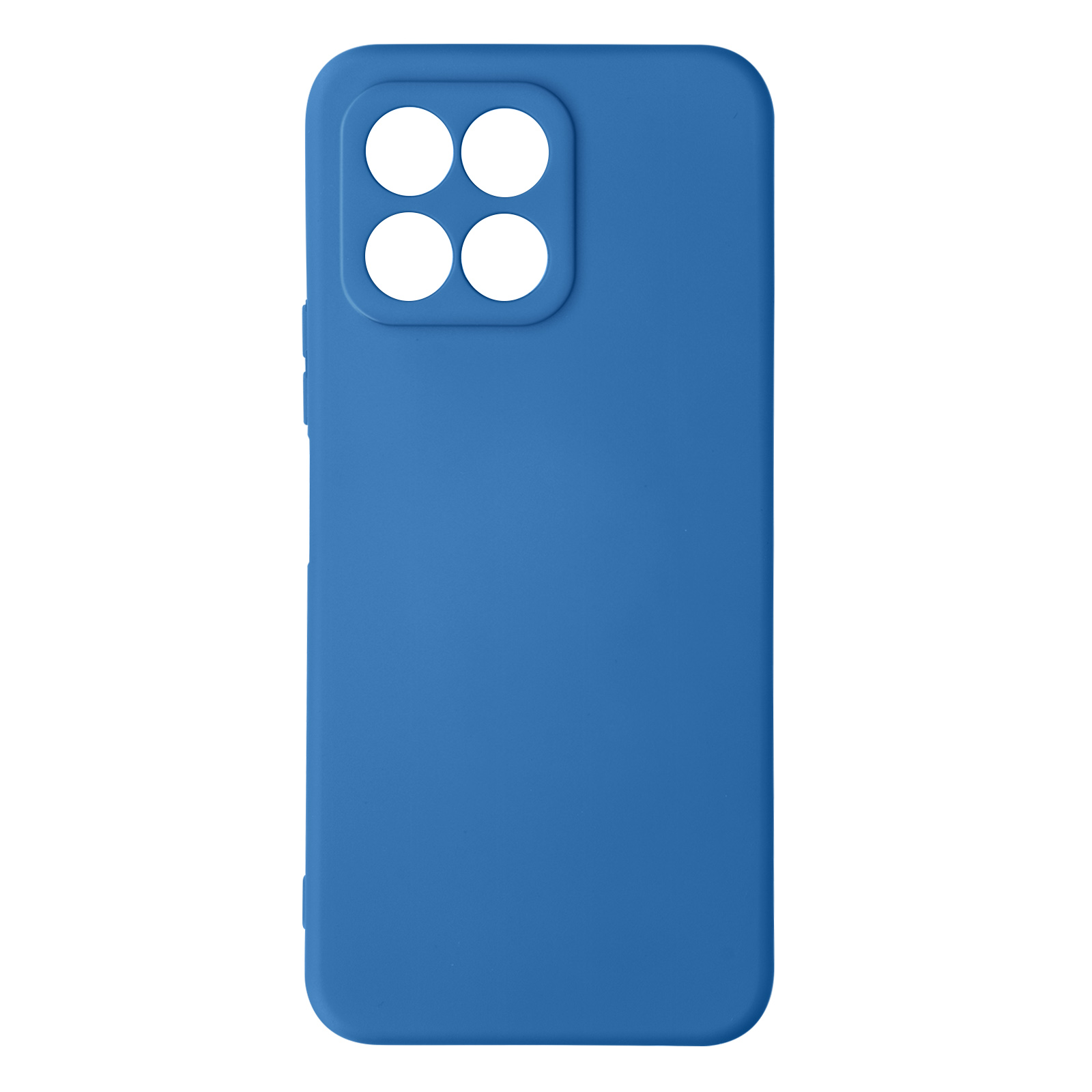 Blauwe telefoonhoes met vier cirkelvormige camera-uitsparingen. De hoes staat op een witte achtergrond.
