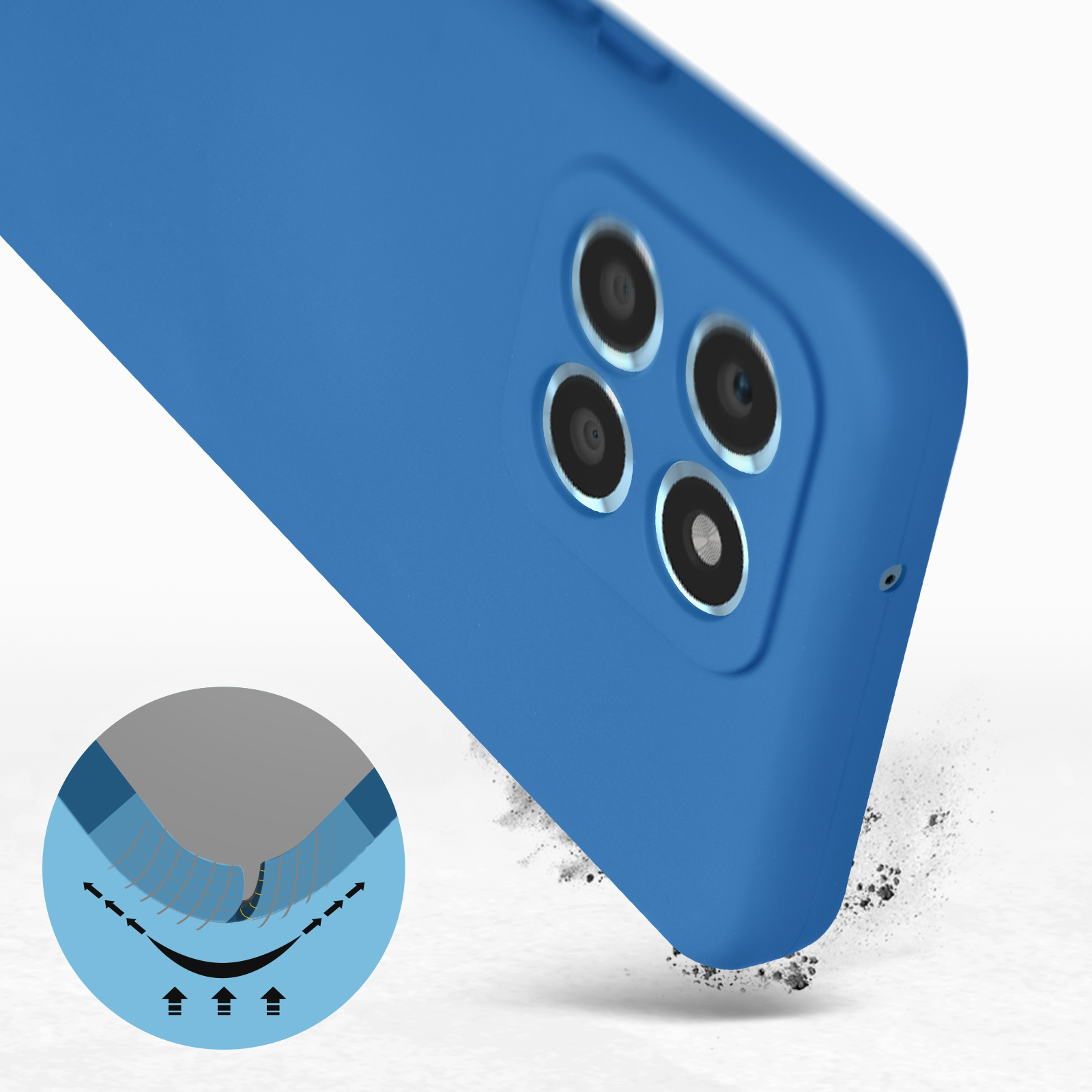 Close-up van een blauwe telefoonhoes met cameragaten.